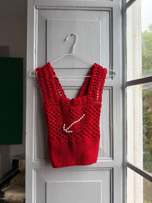 Red Handmade Crochet Sailor Top — detail