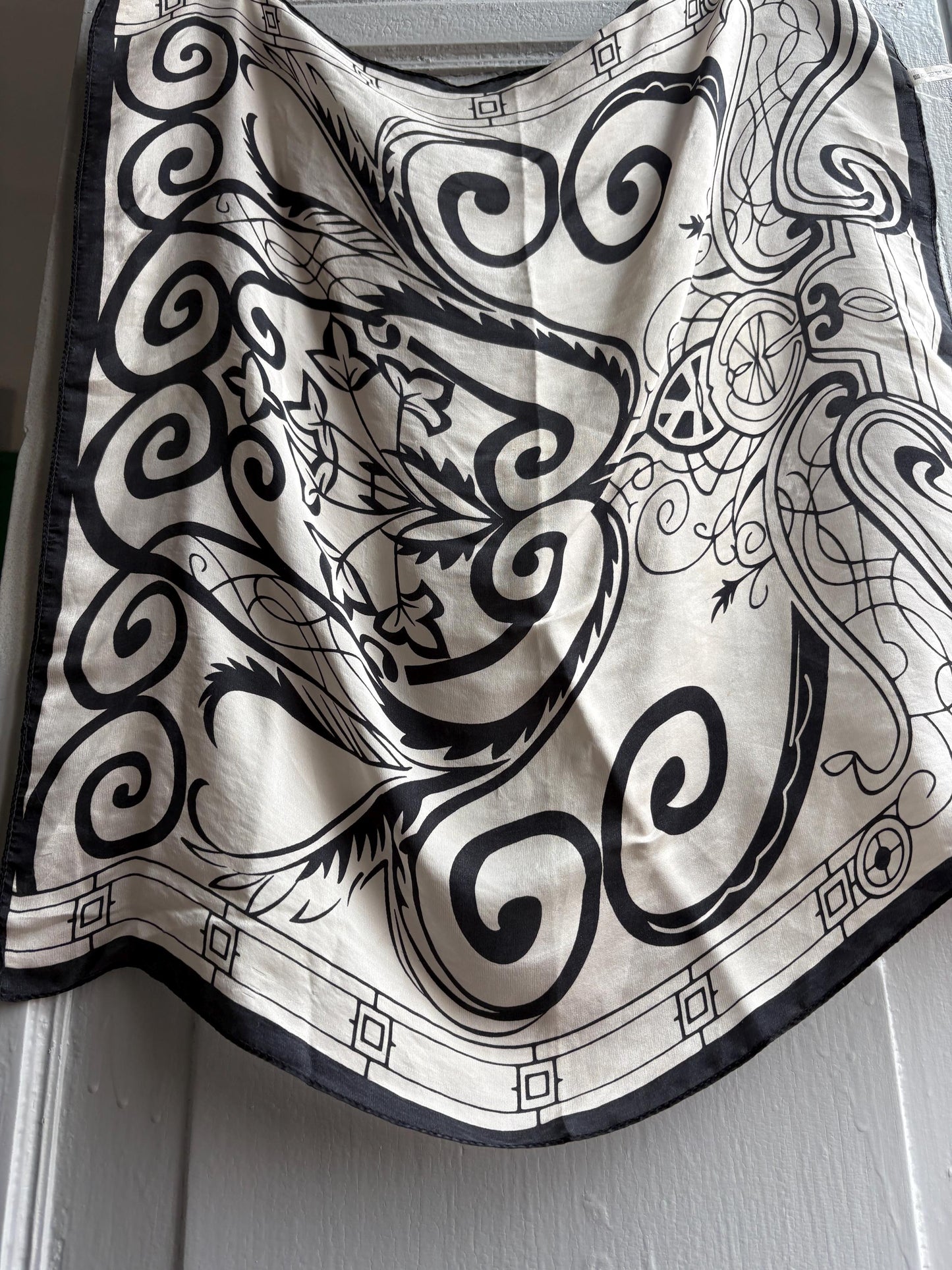 Vintage 100 % silk scarf, Luxury black and white neckerchief