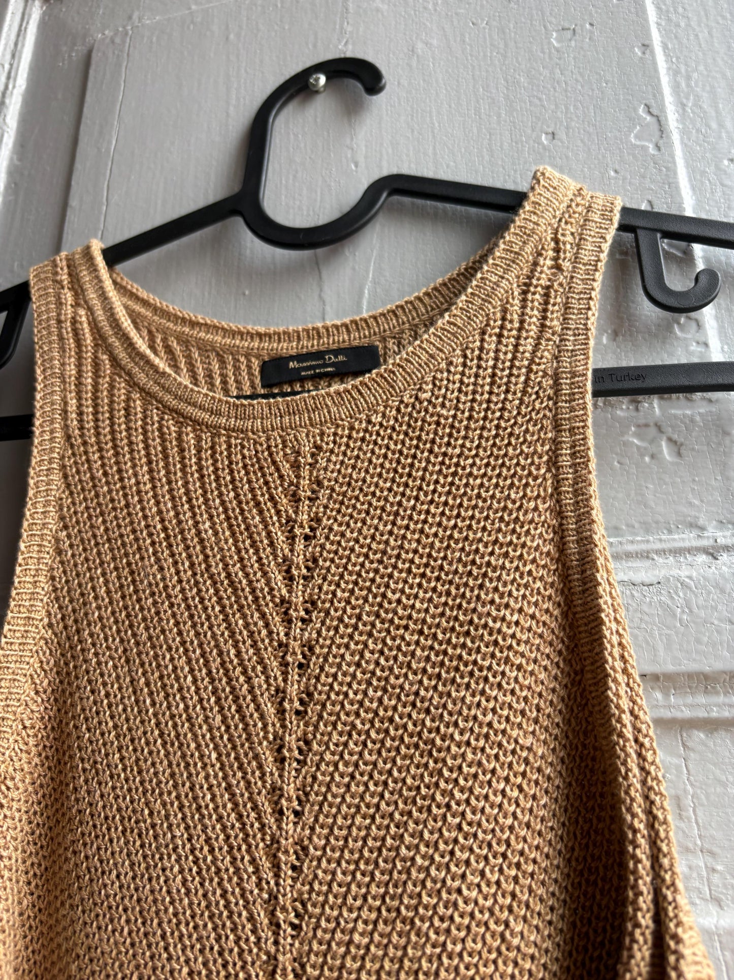 Tan knit camisole, linen blend minimalist tank top, Beige core aesthetic, size XS