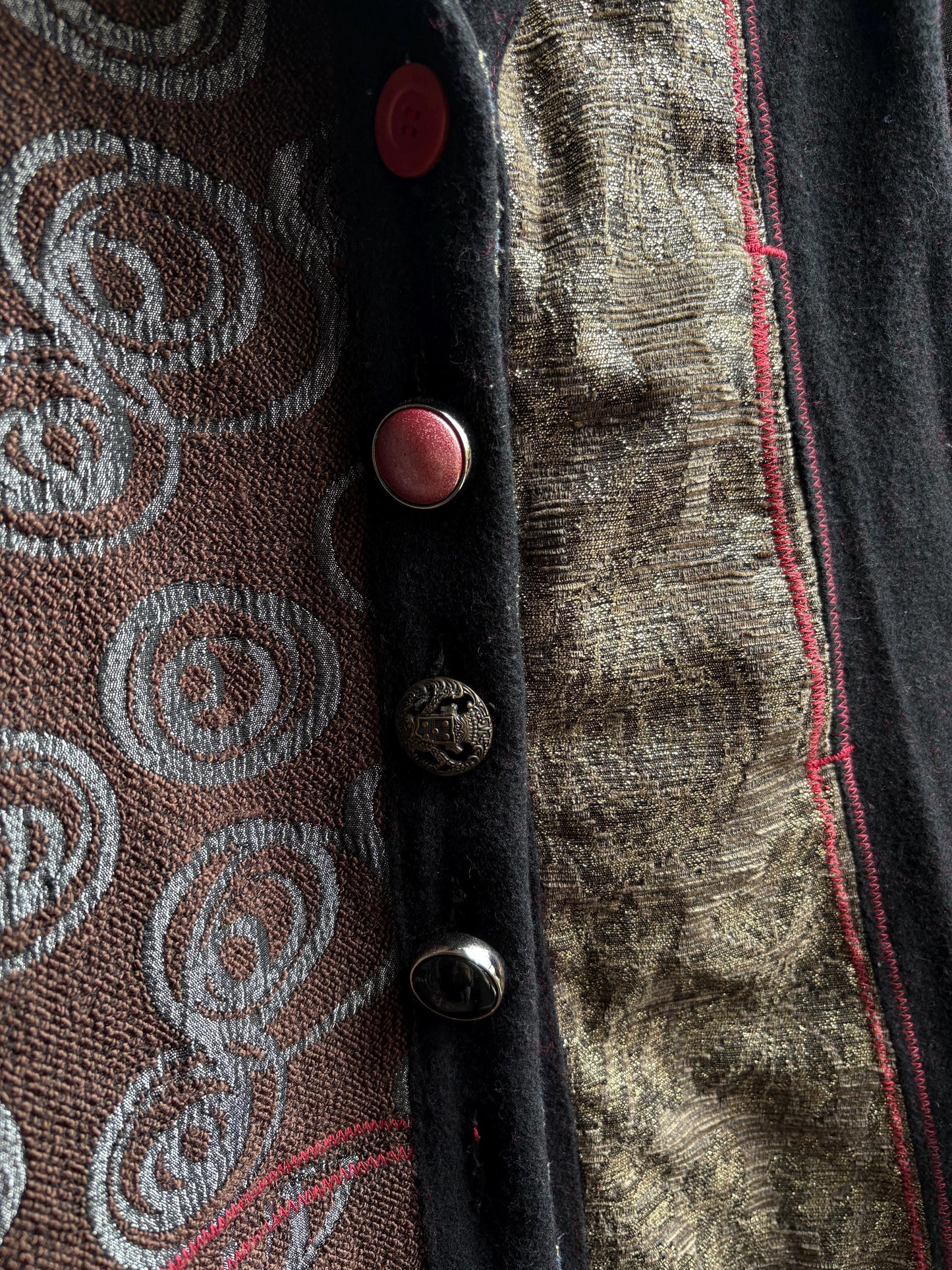 Desigual wool patterned midi coat, eclectic black and gold long woman jacket