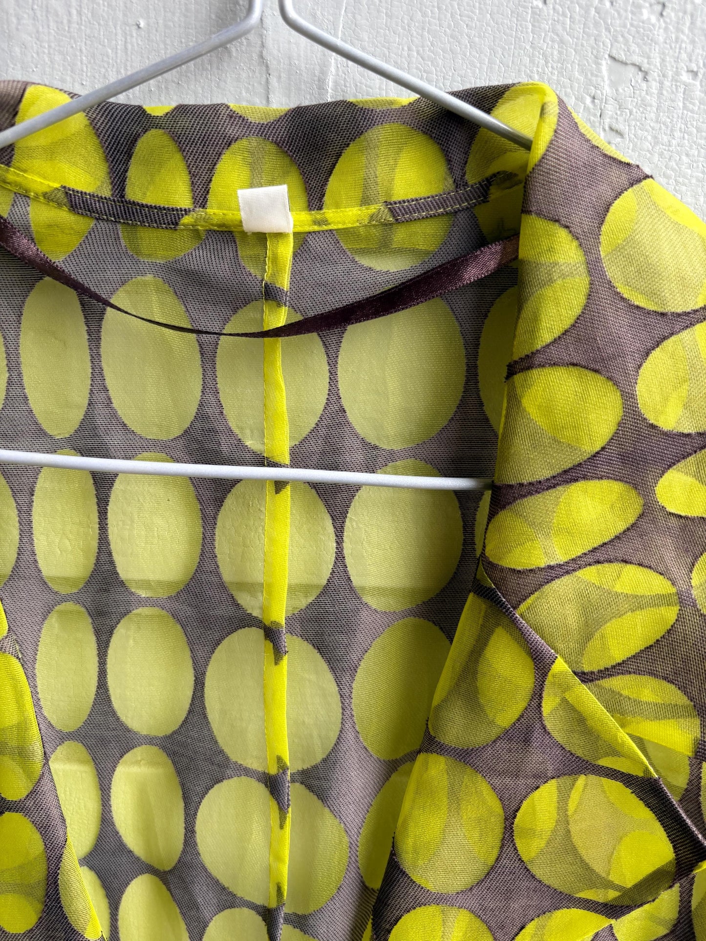 Groovy green polka dot shirt, sheer fabric, vintage 70s woman blouse, Size L