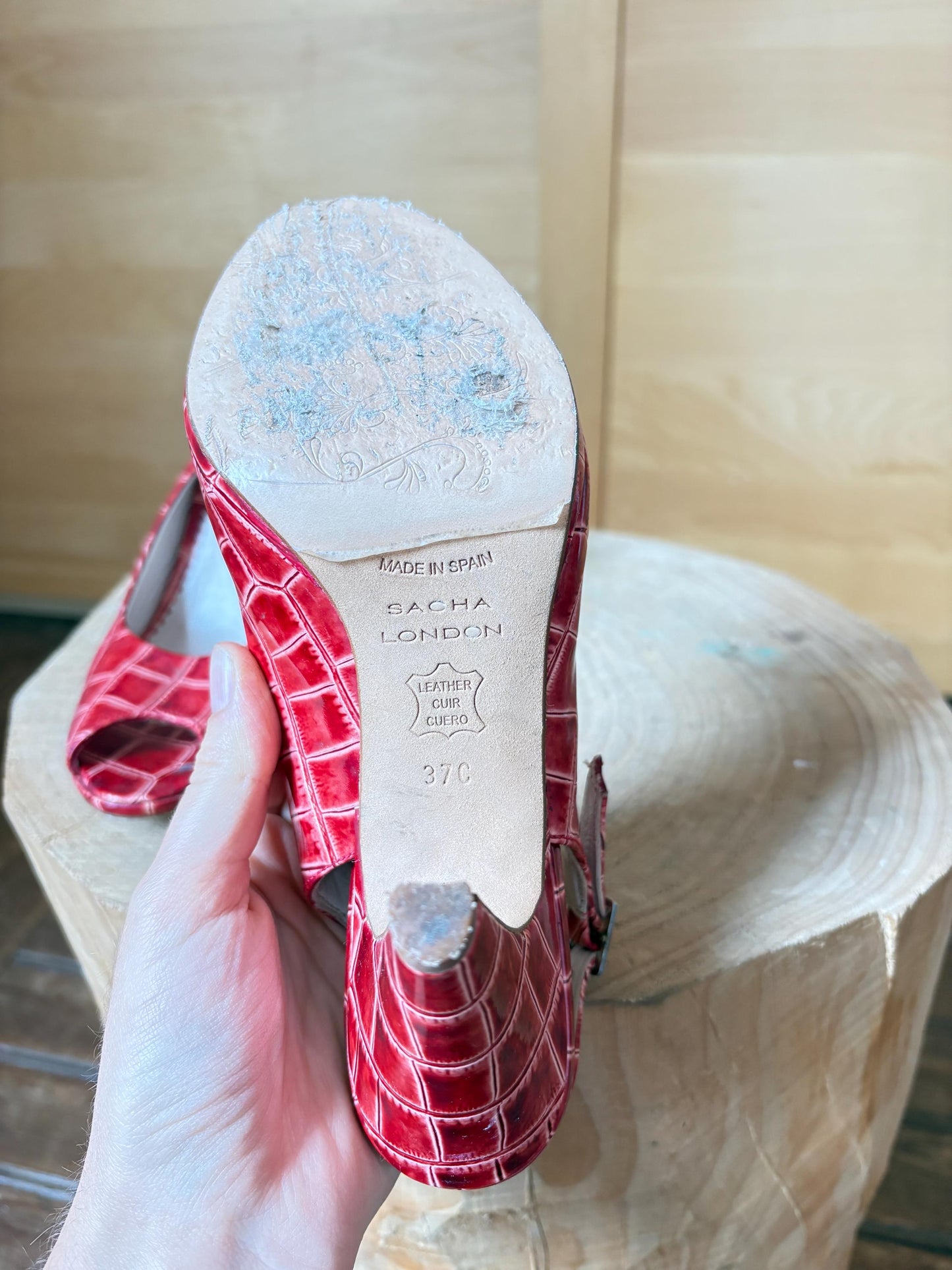 Vintage Sacha London Red Patent Heels, Peep Toe Snake Leather Shoes, Y2K Glam Made In Spain EU 37 Retro Chic