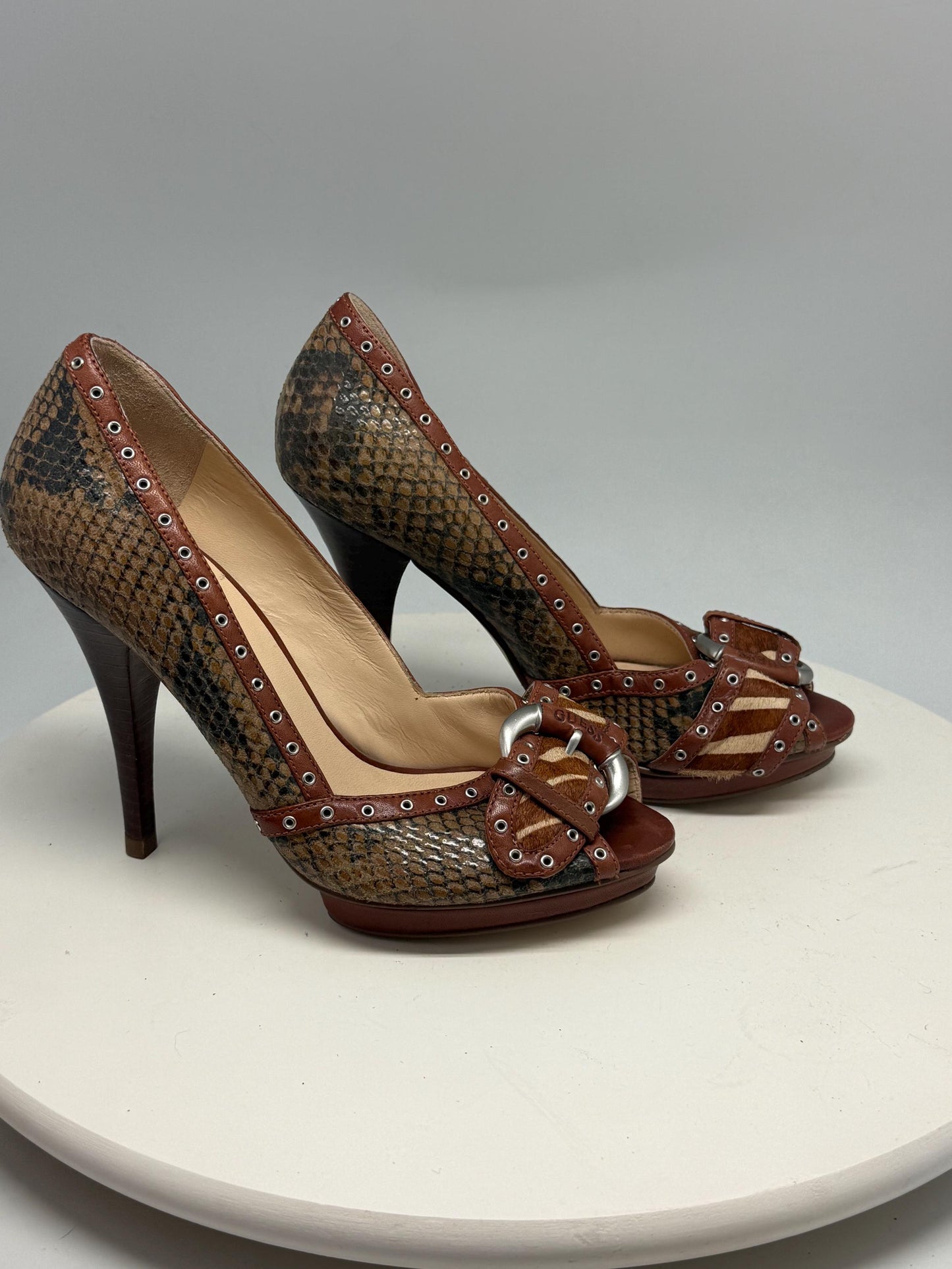 Guess brown snakeskin peep, toe heels, real leather, party wear, size 36