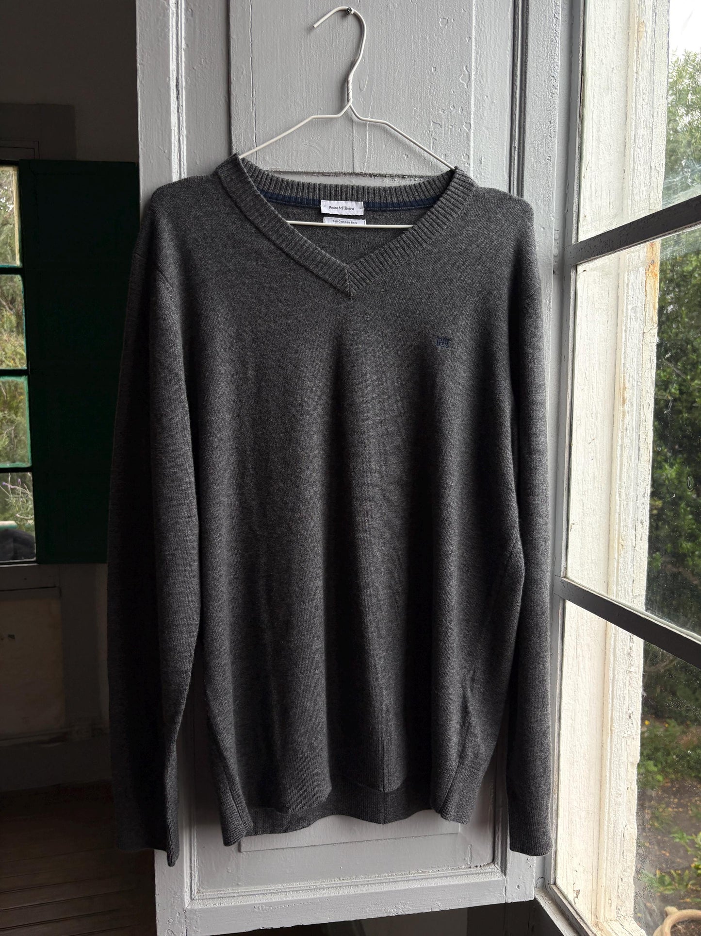 Pedro Del Hierro Men Wool - Cashmere Jumper, Luxury Grey V Neck Sweater, Soft Grandpa Core XL