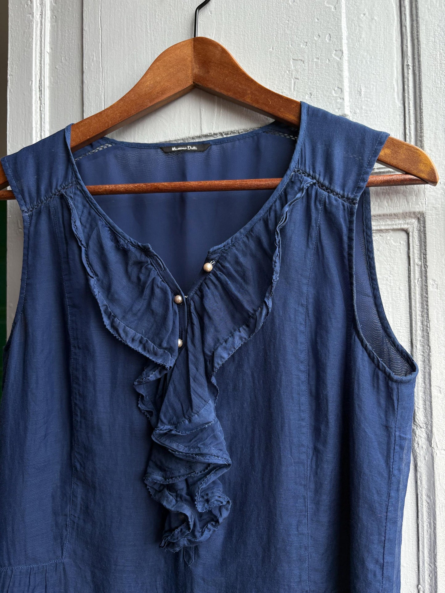 Massimo Dutti Silk Cotton Camisole, Blue Ruffle Blouse, Women Pearl Button summer Top, S