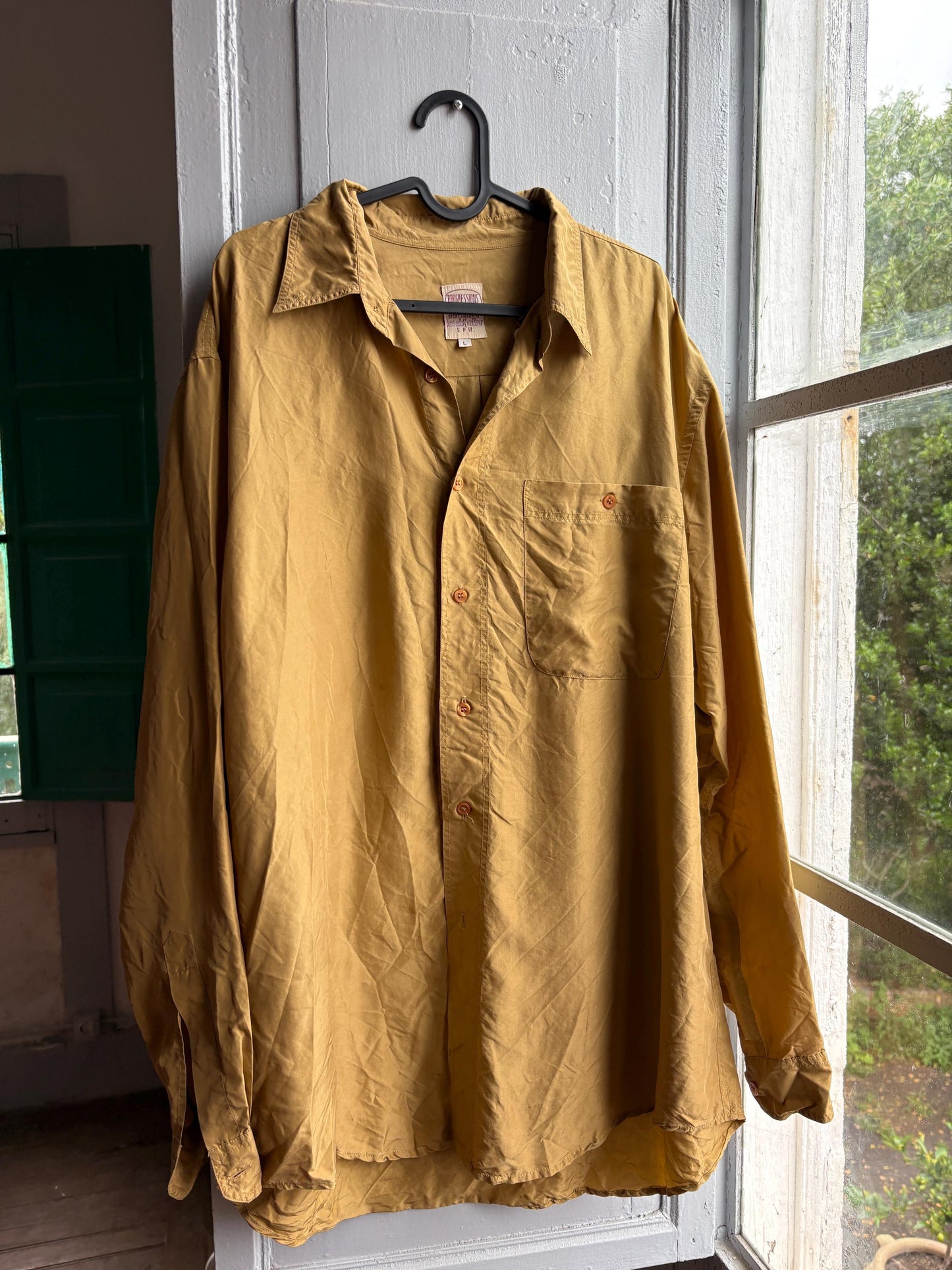 Vintage Gold Silk Shirt, Men Luxury Button Down, Christmas outfit for him, Size L