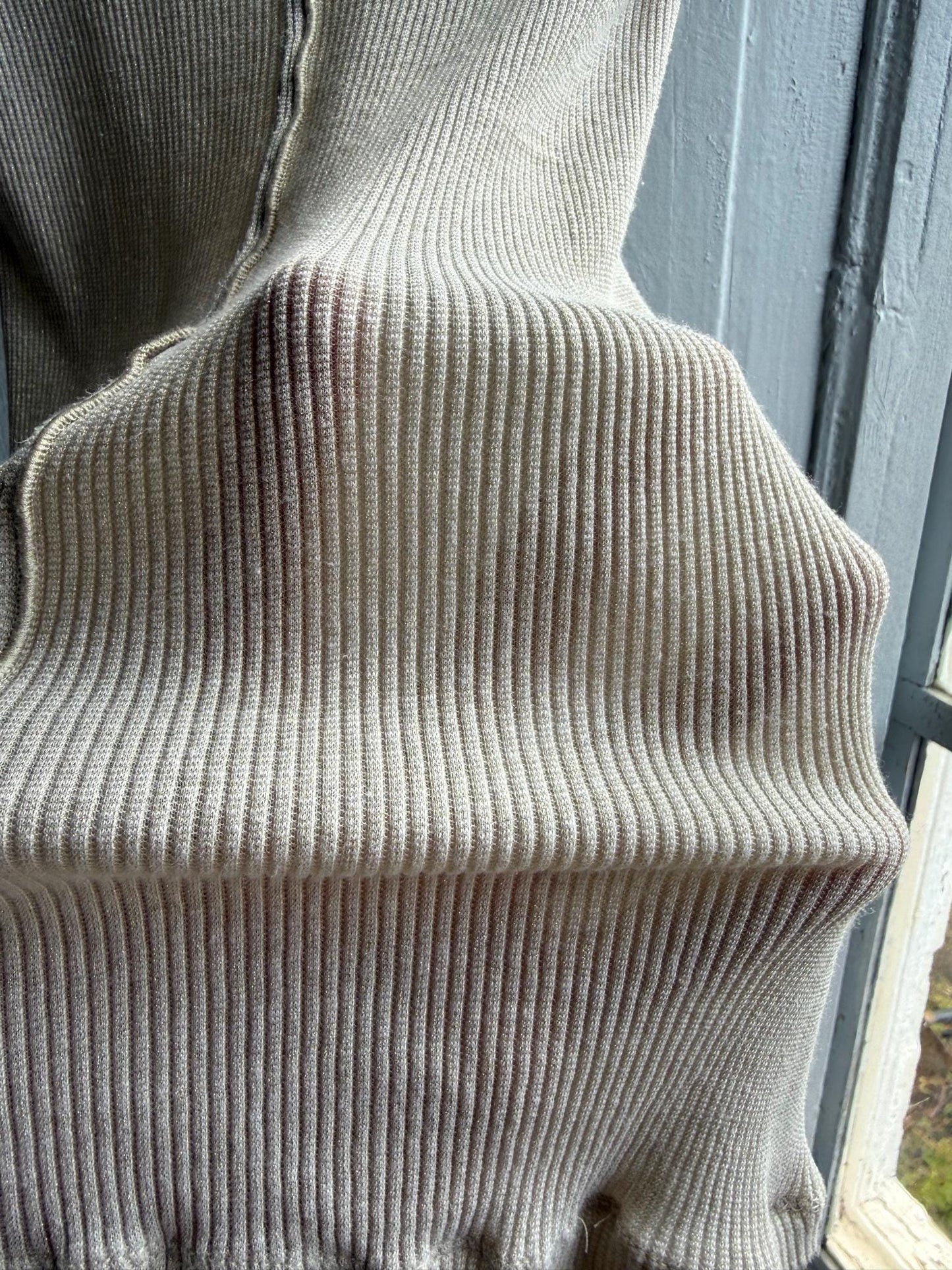 Massimo Dutti Ribbed Knit Top, Beige Glitter Shimmer shirt, Minimalist Chic Stretchy Luxury Women Top, Size XS