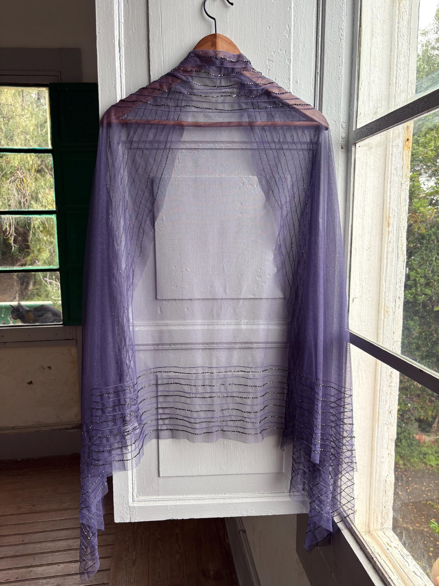 Vintage Purple Beaded Evening Shawl, Sheer Mesh Wrap, Formal Occasion Stole, Y2K Bridal Cover Up Scarf