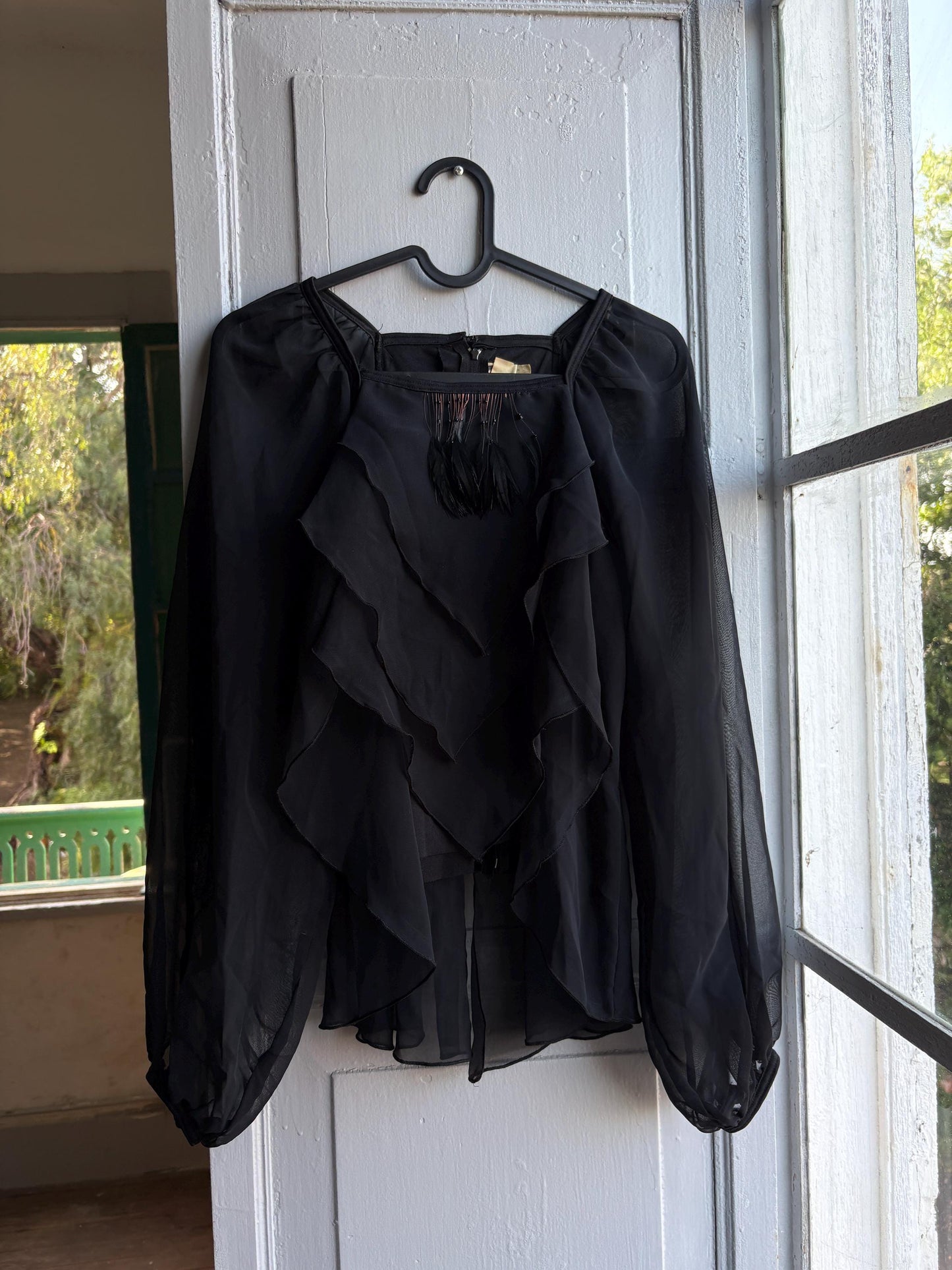 Vintage Black Sheer Ruffle Blouse, Feather Gothic Romantic Party Top, Made in England, Fairy Grunge Evening Top