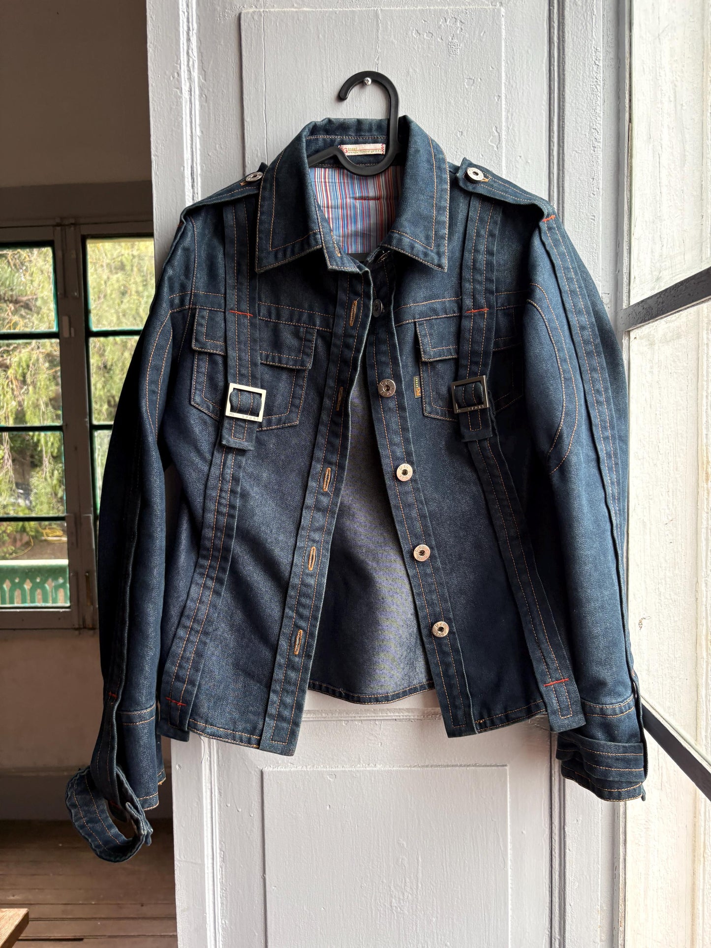 Purificación García Sport Denim Jacket, Vintage Dark Wash Buckle Jacket, Y2K Chic Fitted Designer Women Jacket, XS
