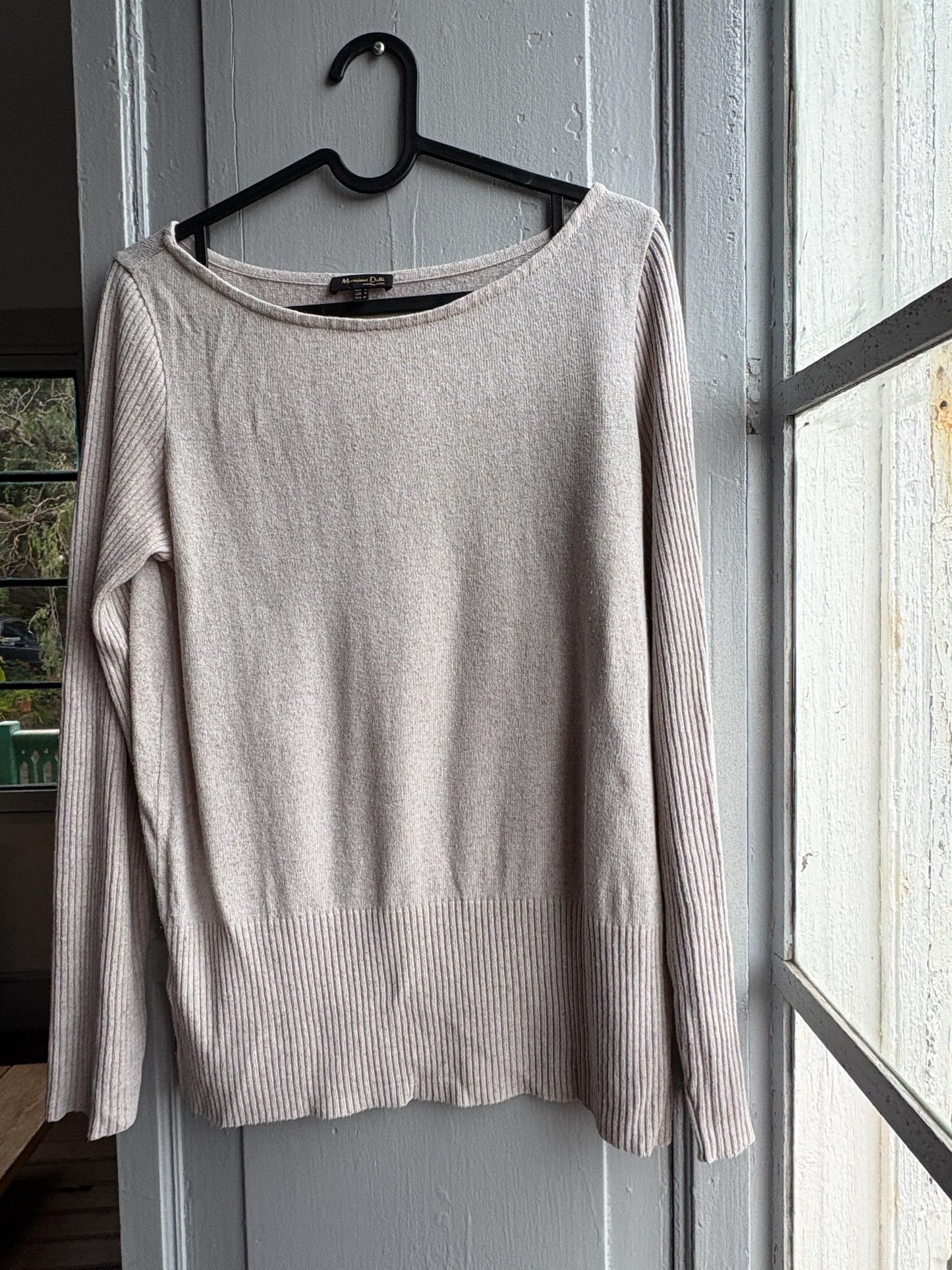 Massimo Dutti Knit Top, Linen long sleeve shirt, Sweater Minimalist off white Women essential, Size Medium