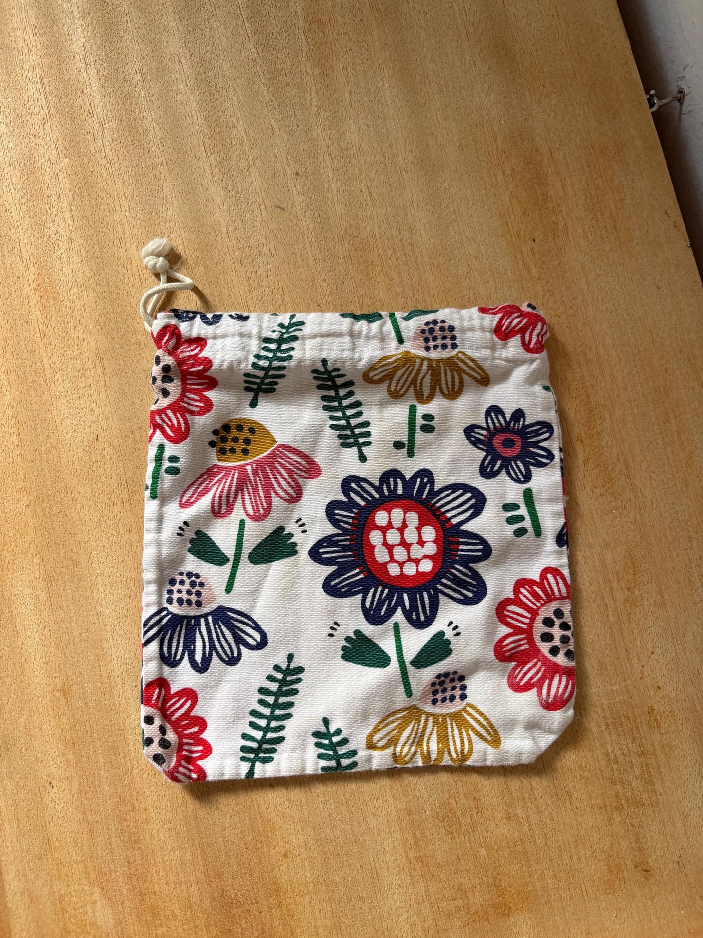 Handmade Organic Cotton Drawstring Pouch, Floral Gift Bag, Sustainable Storage Bag. Reusable Fabric Bag,