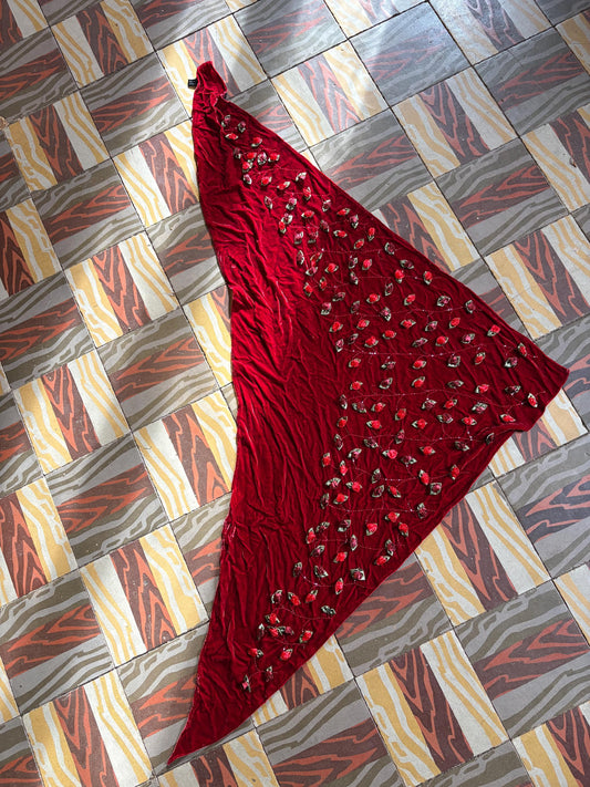 Vintage Burgundy 100 % Silk Velvet Triangle Shawl | Embroidered Ribbon Roses and Beads | Cottagecore Evening Wrap Scarf