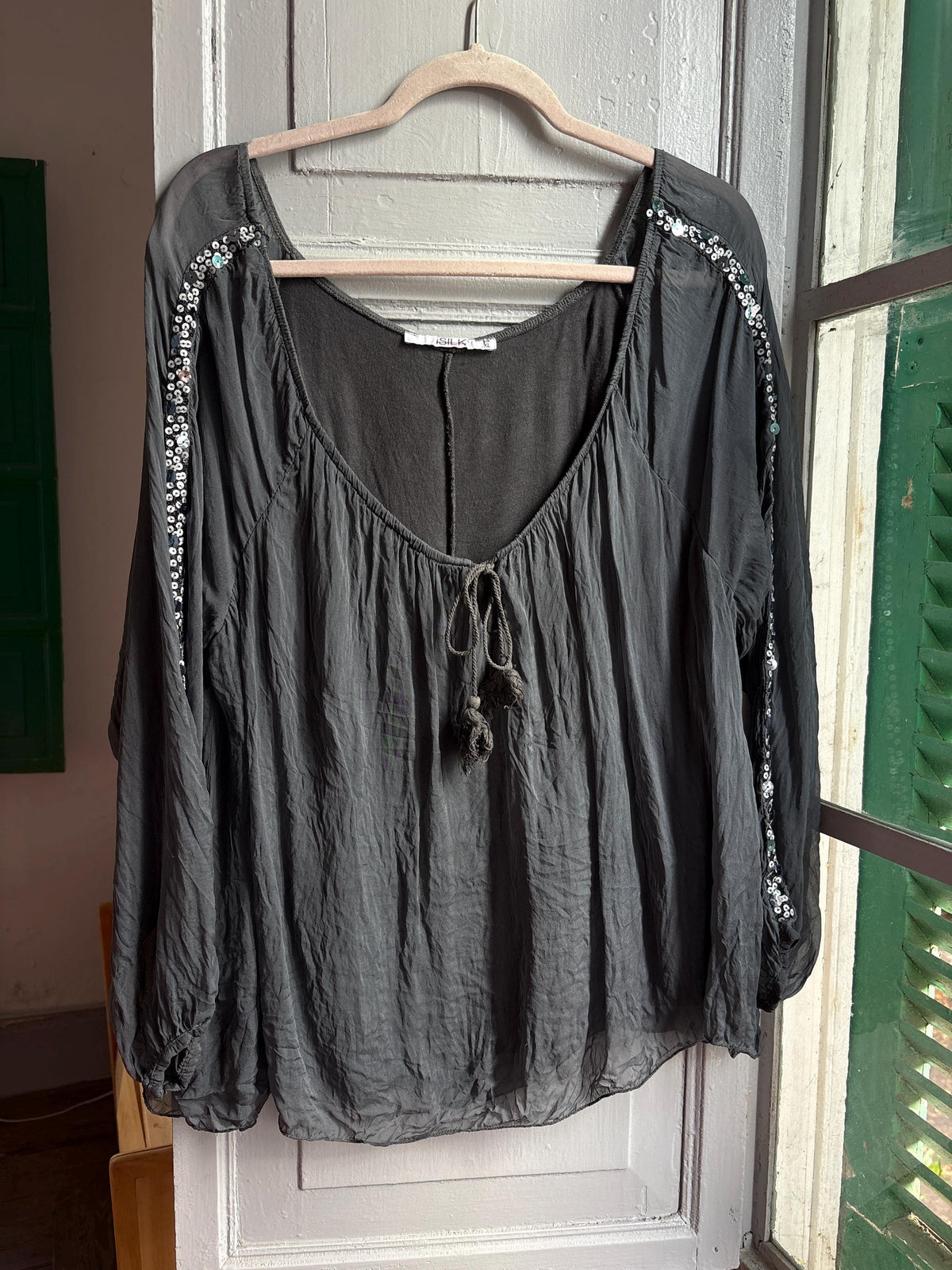 Vintage Silk Boho Blouse XL, Oversized Grey Silk Top, Sequin Sleeve Blouse, Bohemian Festival Top, Romantic Floaty Shirt, Women's Vintage