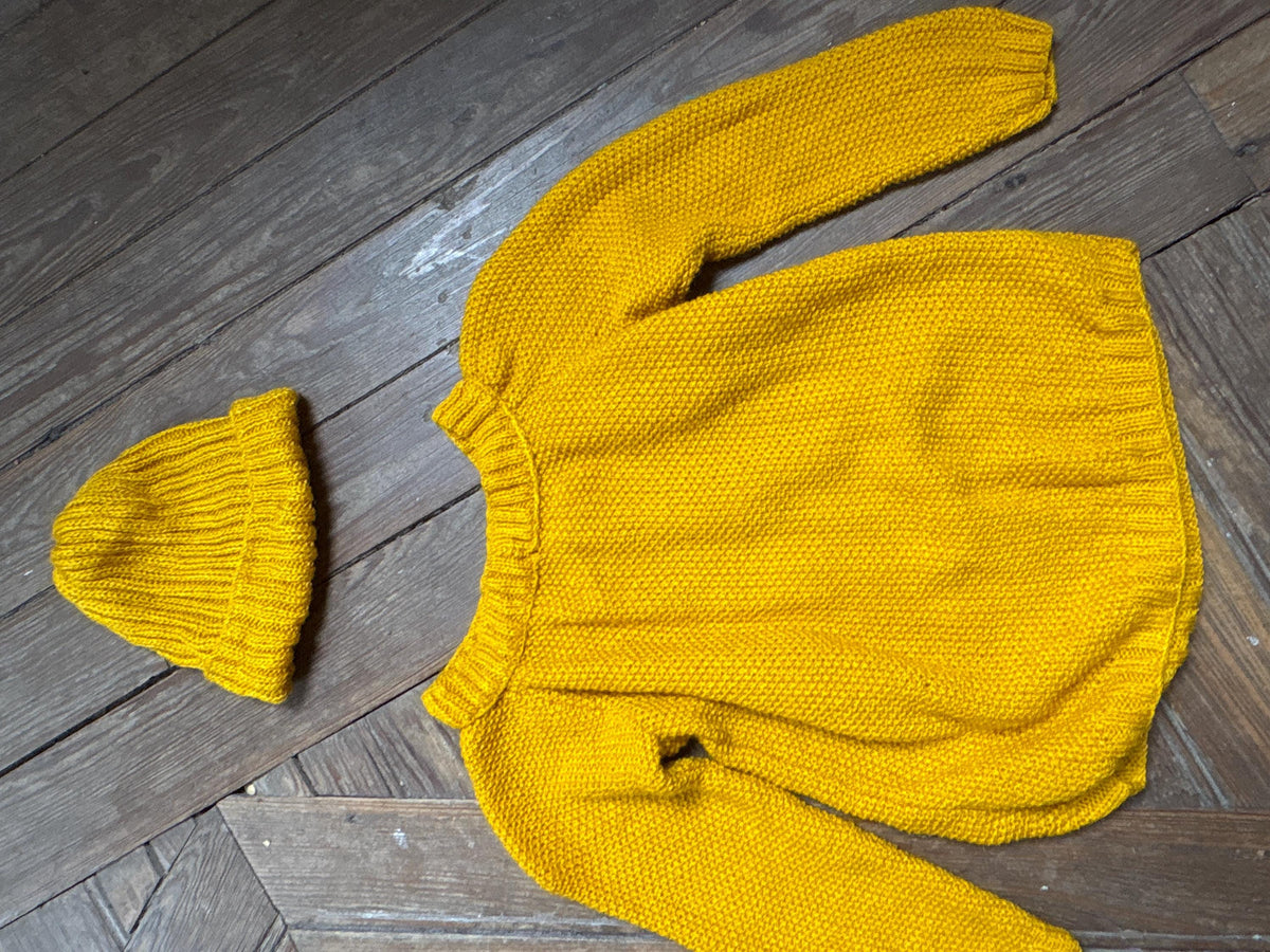 Handmade Mustard Yellow Knitted Jumper & Beanie Set, Vintage Children's Knitwear, Grandma Knit Sweater, Cozy Winter Outfit