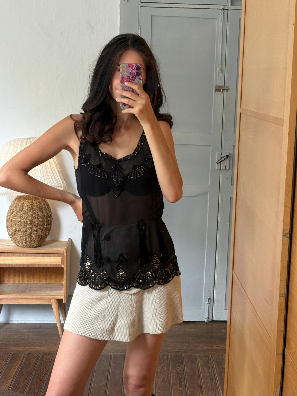 Black Sheer Sequin Tank Top | Beaded Party Top | Y2K Evening Top | Festival see through Piece