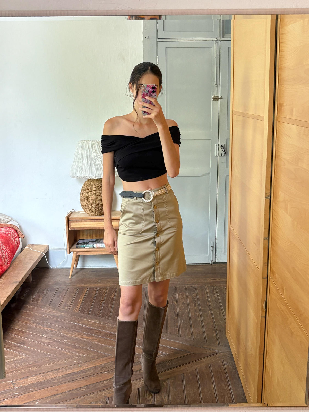 Morgan de Toi Beige High-Waist Skirt EU 36 | Belted Button-Front Utility Mini | French Y2K Safari Style