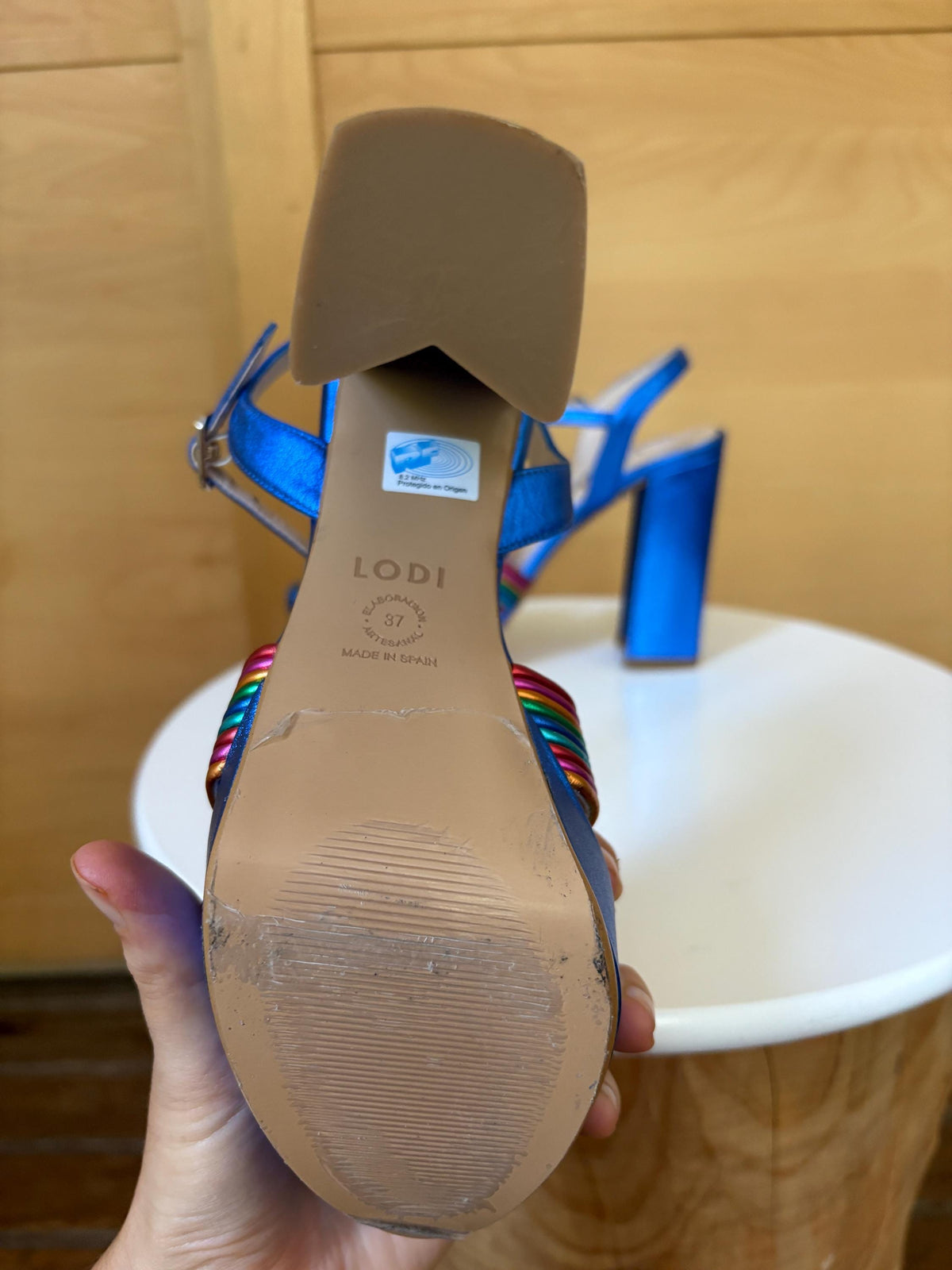 Rainbow Leather Platform Heels EU 37 | Metallic Blue Spanish Sandals | Colorful Chunky Party Shoes Made in Spain