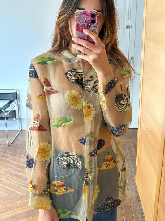 Vintage Sheer Handmade Blouse with Hat Appliqués – One of a Kind!