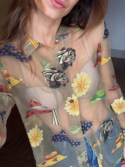 Vintage Sheer Handmade Blouse with Hat Appliqués – One of a Kind!