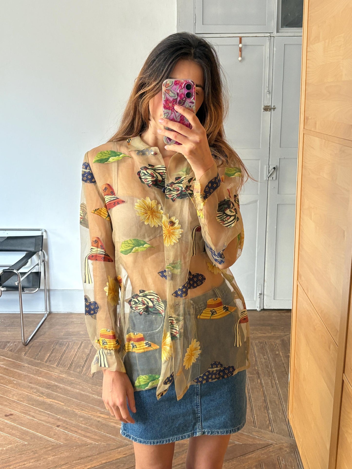 Vintage Sheer Handmade Blouse with Hat Appliqués – One of a Kind!
