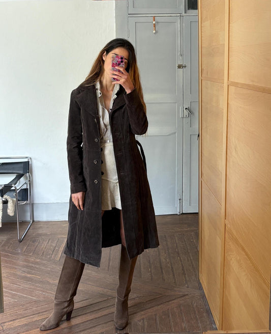 Vintage Chocolate brown long leather woman coat, Elegant suede dark light brown maxi trench jacket,  Retro 70s style jacket, S