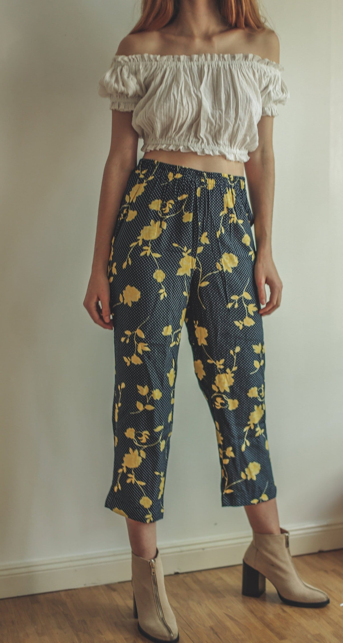 Vintage Floral Trousers High Waist 3/4 Pants Cottagecore Bloomcore Summer Retro Clothing Size L 42