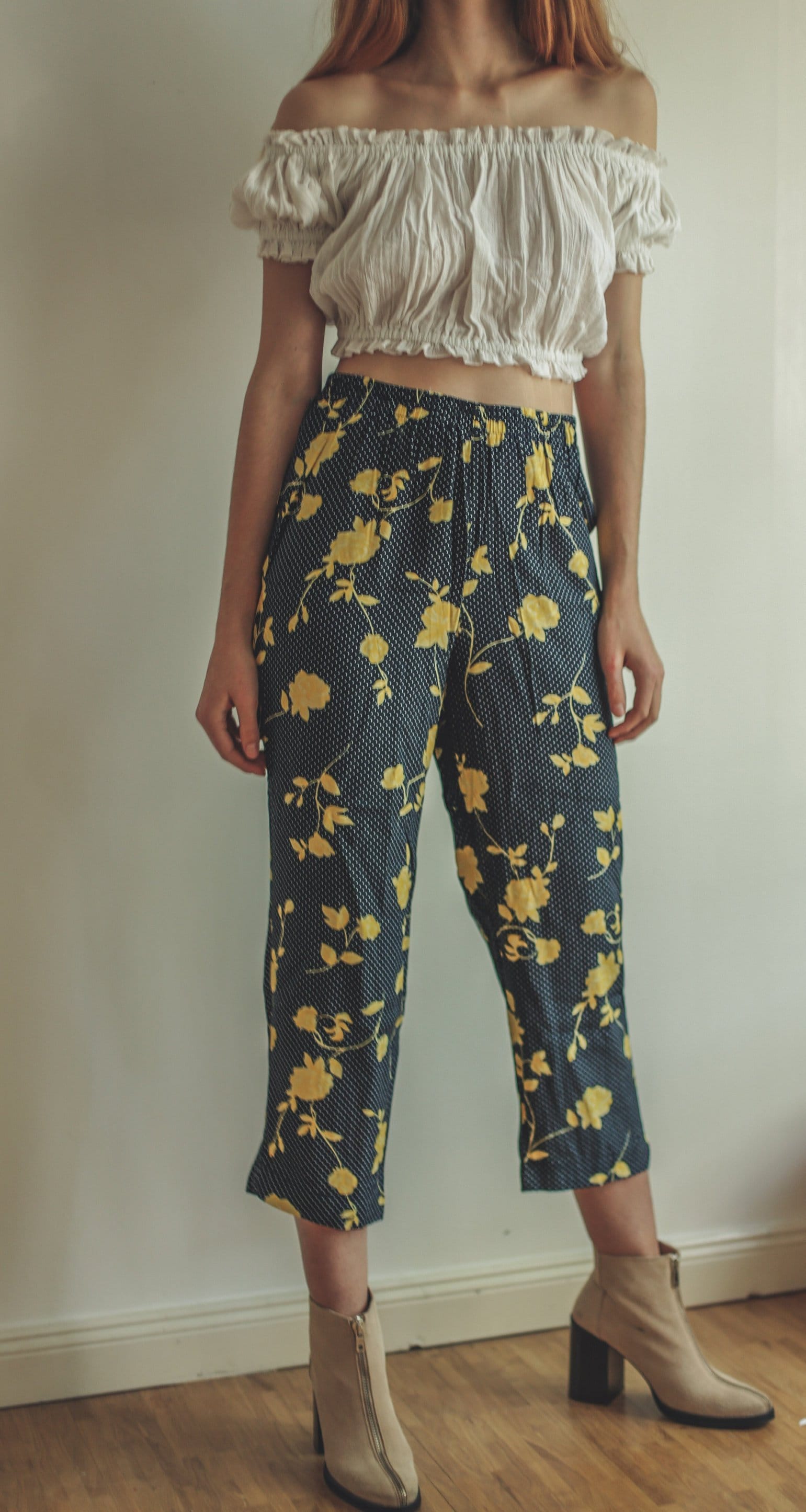 Vintage Floral Trousers High Waist 3/4 Pants Cottagecore Bloomcore Summer Retro Clothing Size L 42