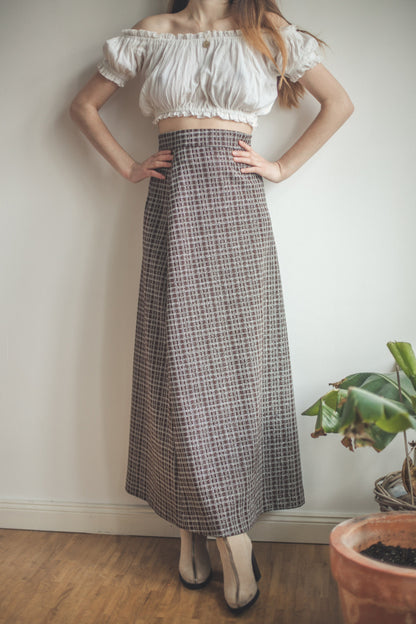 Silver Checkered Lurex A-Line Maxi Skirt — fabric close-up