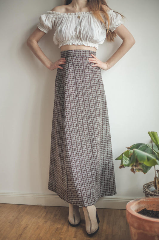 Vintage 70s Checkered Silver Lurex Maxi Skirt - Dark Academia Fashion – High Waist A-Line Disco Skirt – Retro Formal Event or Party Wear
