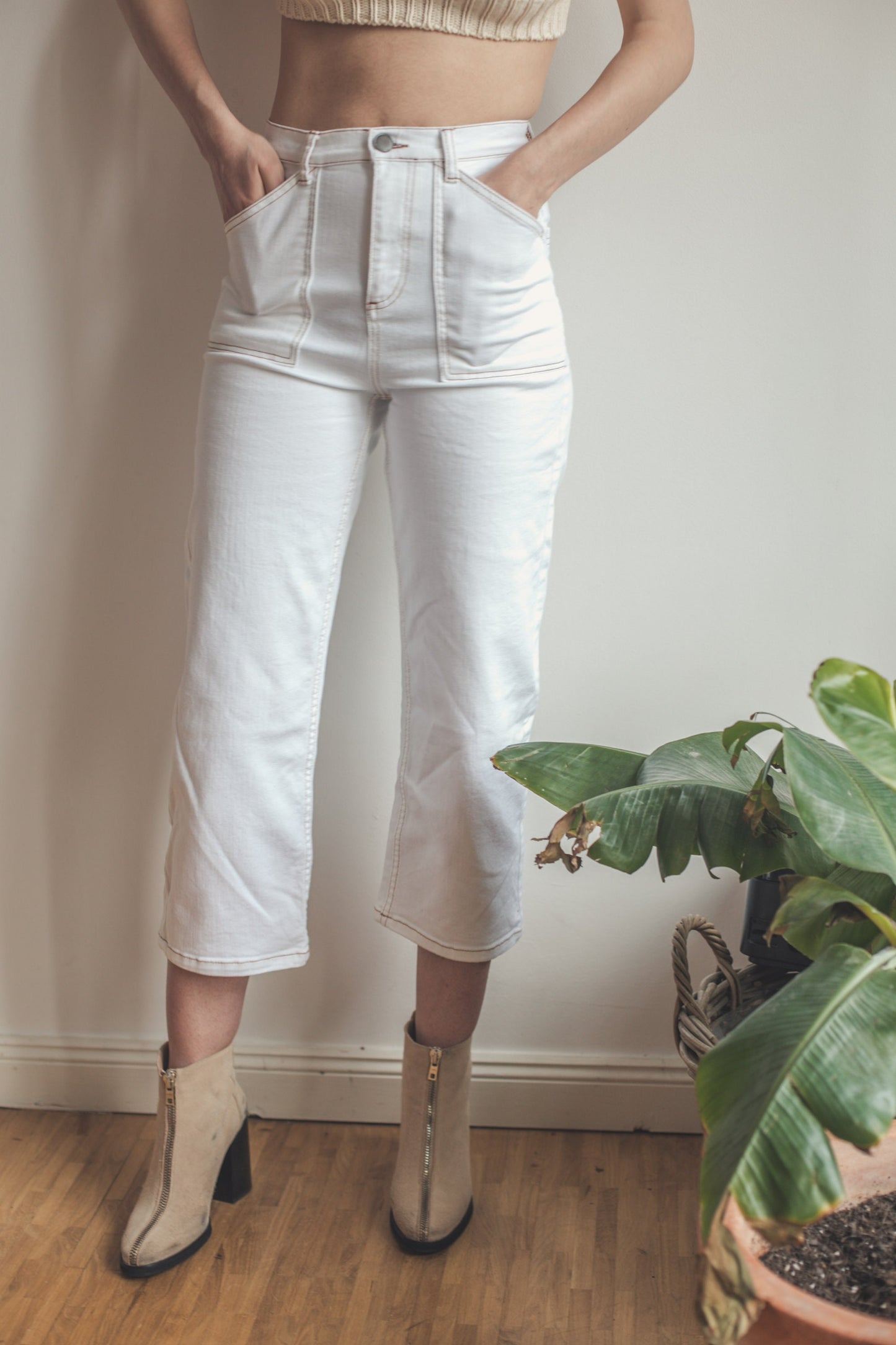 Vintage white jeans with high waist, Y2K trousers, Flared cropped women's summer trousers, High rise bootcut jeans,