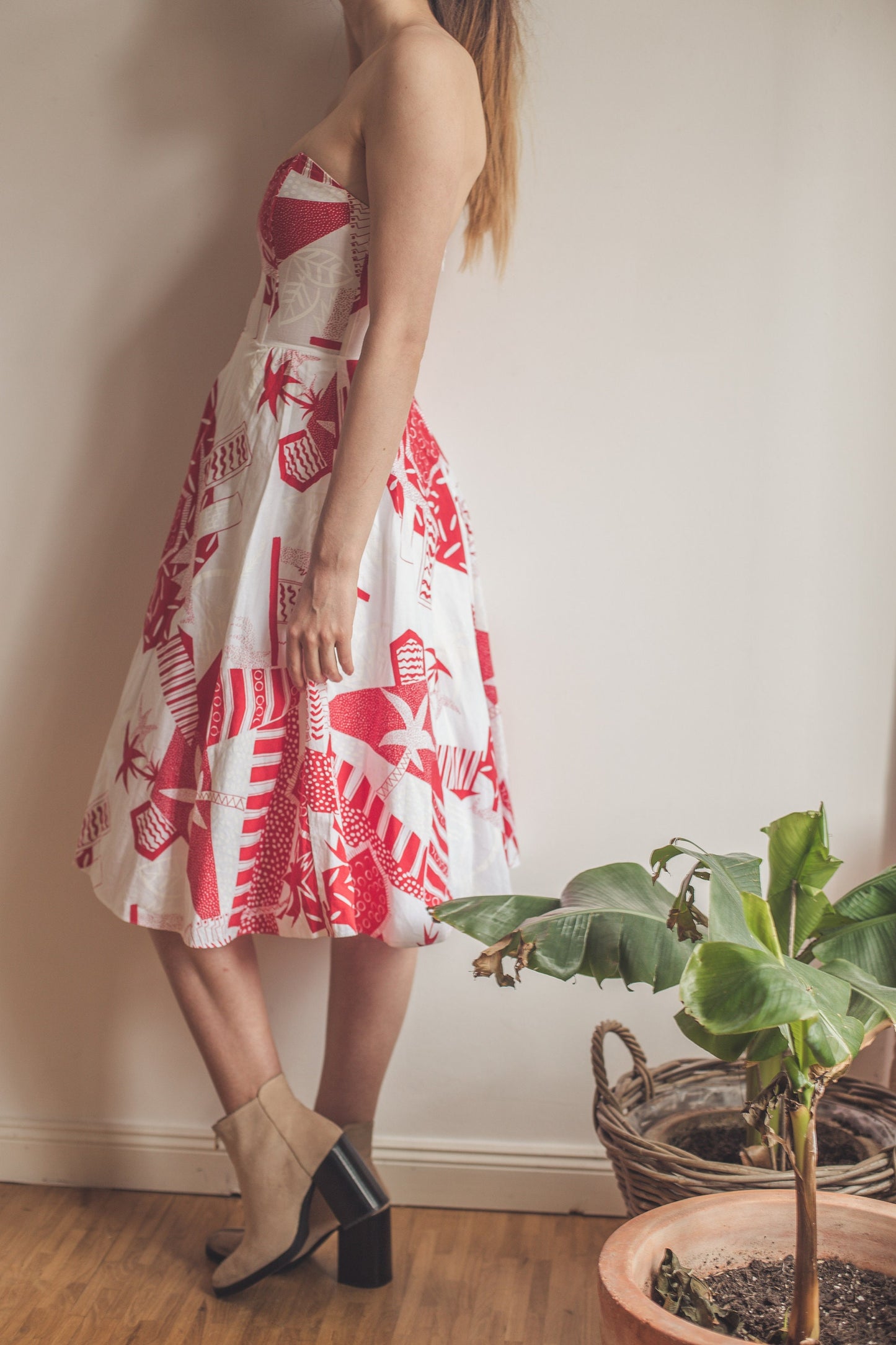 Vintage 80s Rockabilly Dress Red & White Sweetheart Neckline Prom Party Deadstock Summer