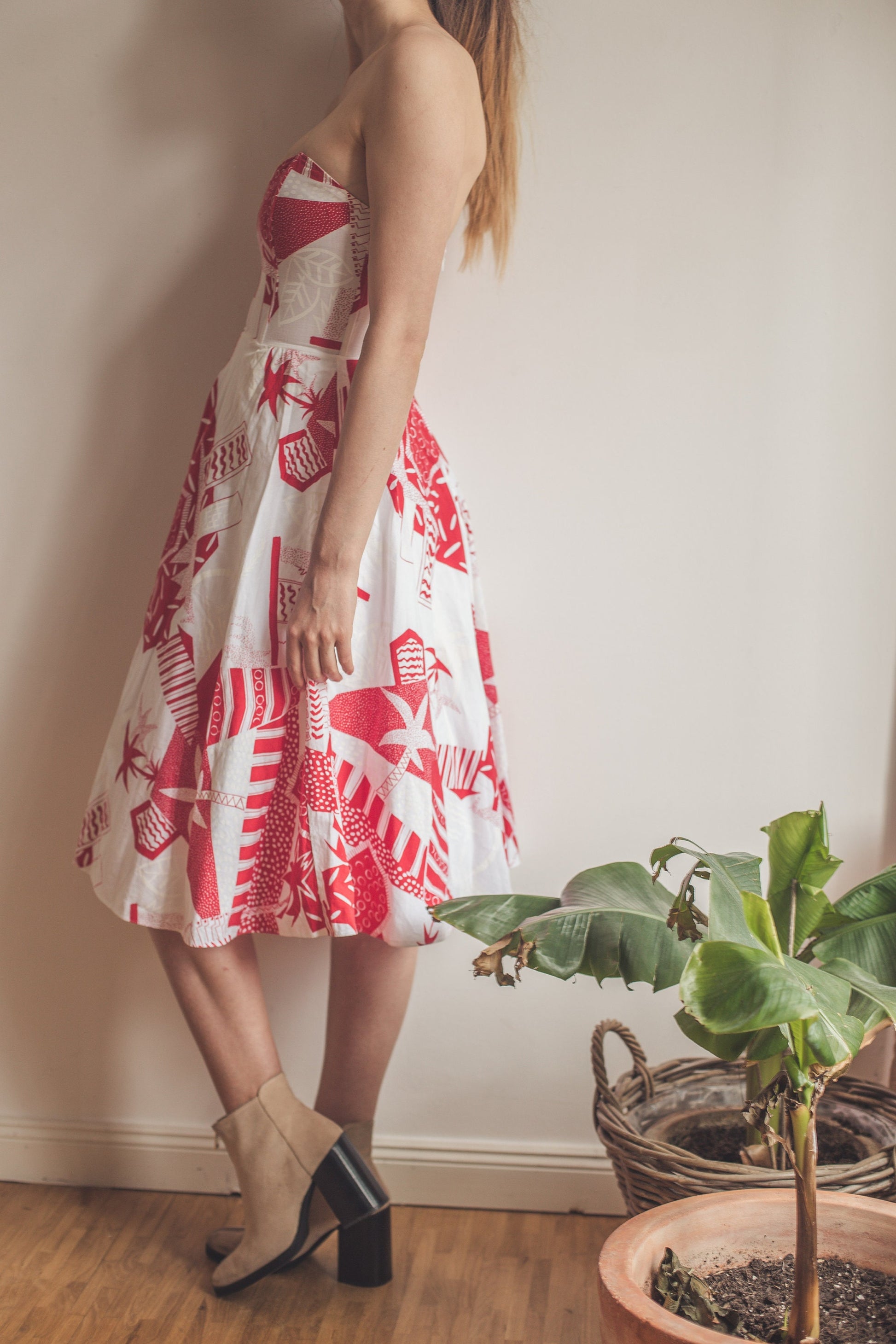 Vintage 80s Rockabilly Dress Red & White Sweetheart Neckline Prom Party Deadstock Summer