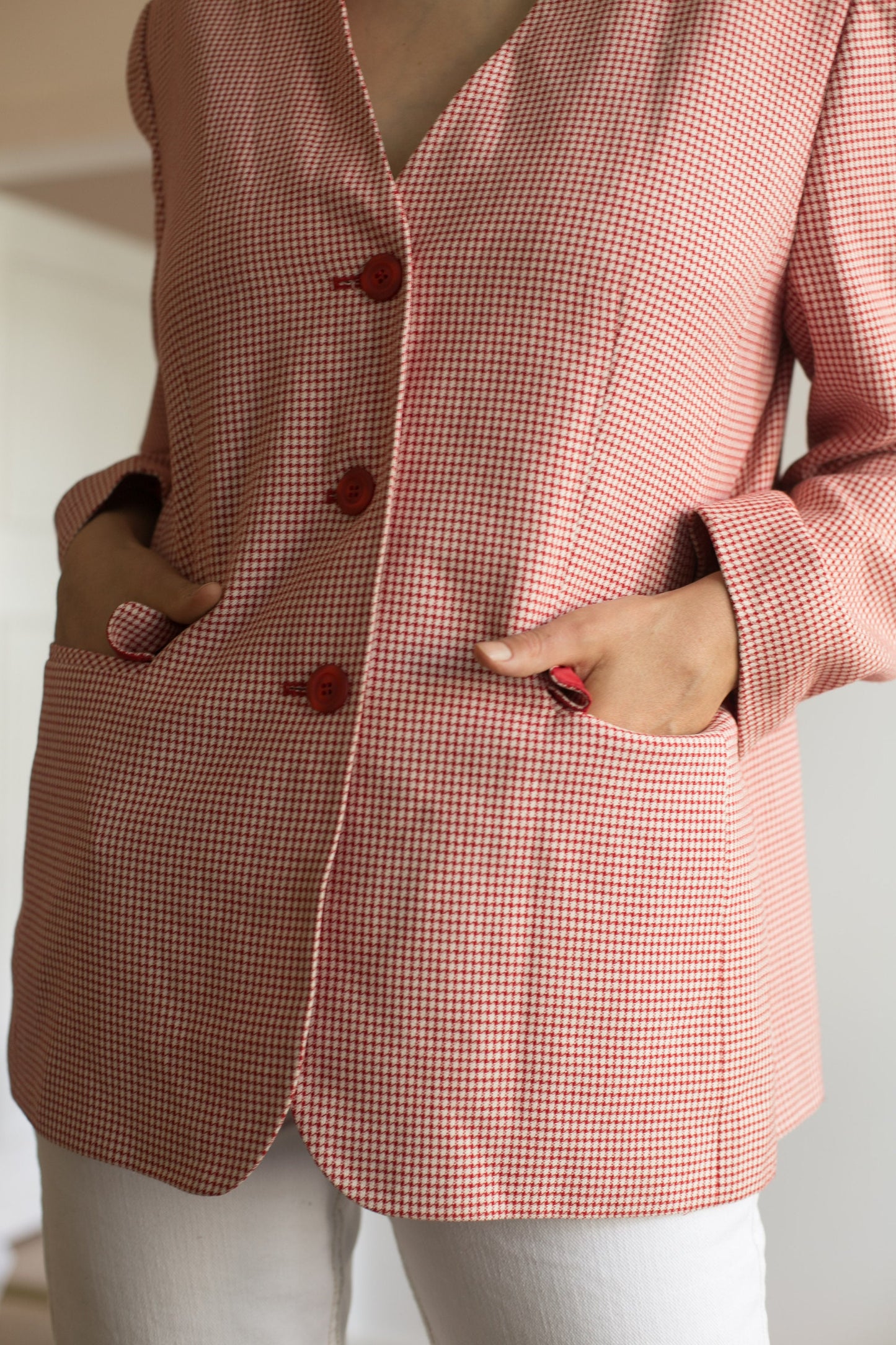 Vintage red gingham blazer, Oversized summer jacket, 1980s plaid blazer, XS-L