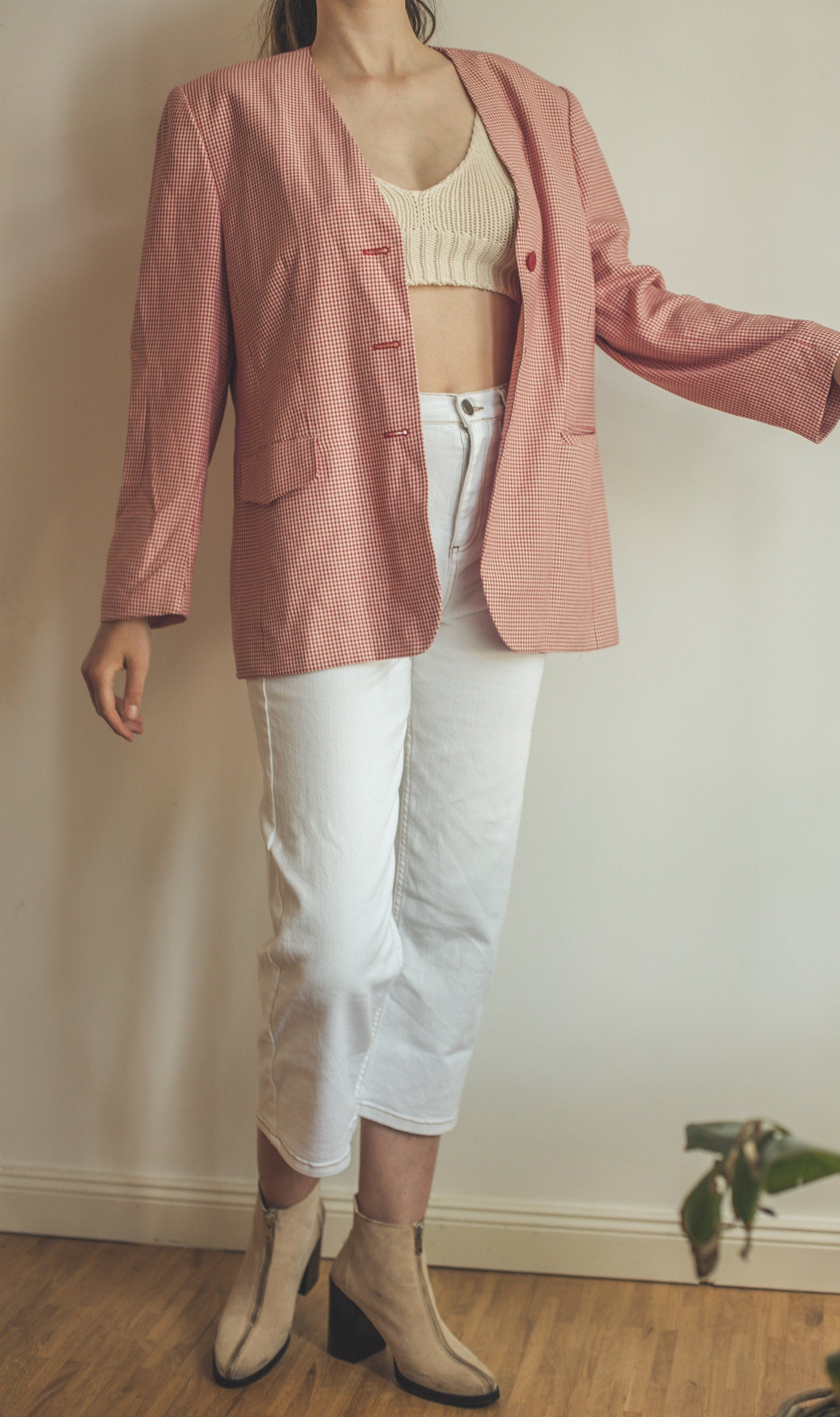 Vintage red gingham blazer, Oversized summer jacket, 1980s plaid blazer, XS-L