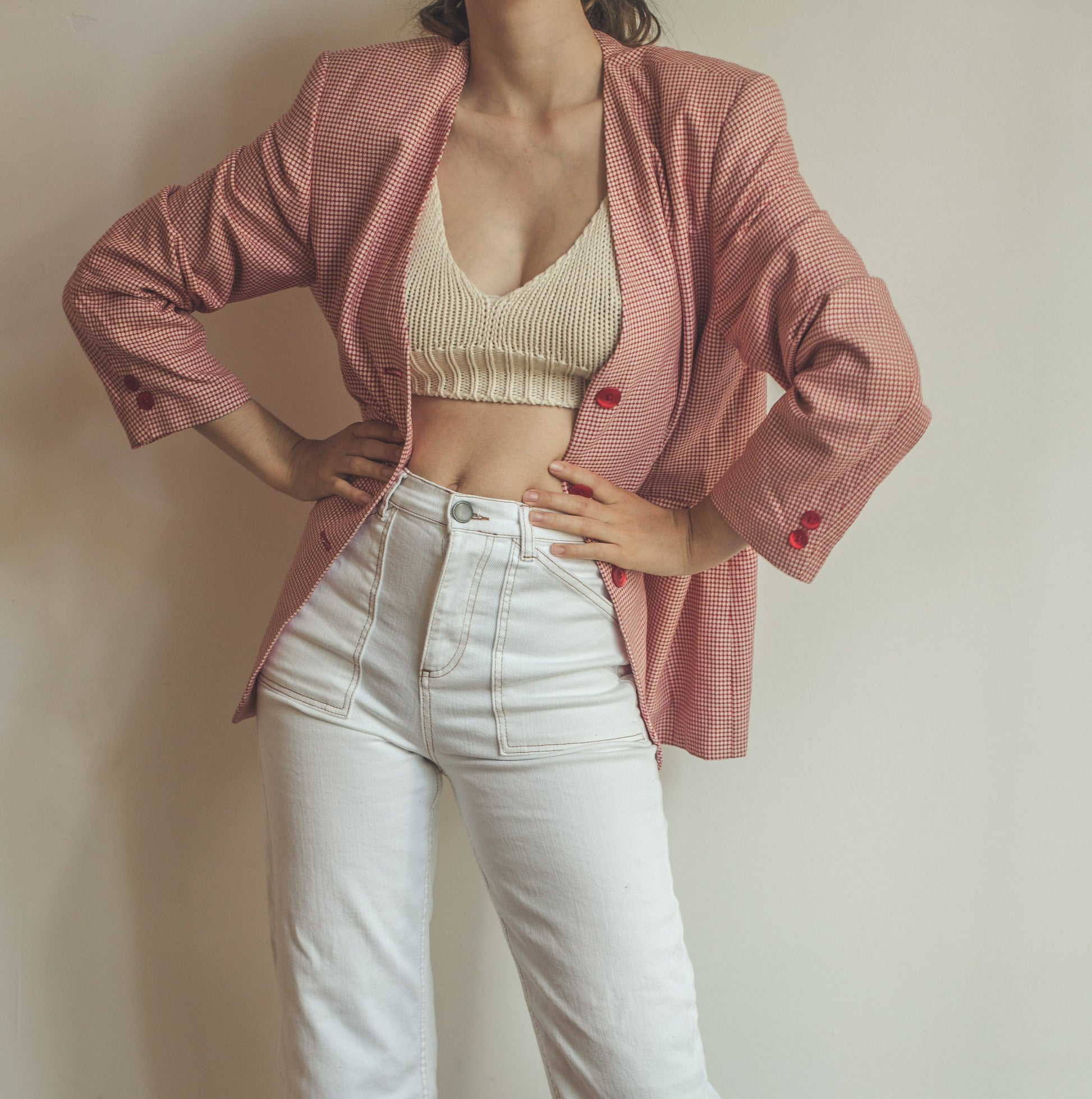 Vintage red gingham blazer, Oversized summer jacket, 1980s plaid blazer, XS-L