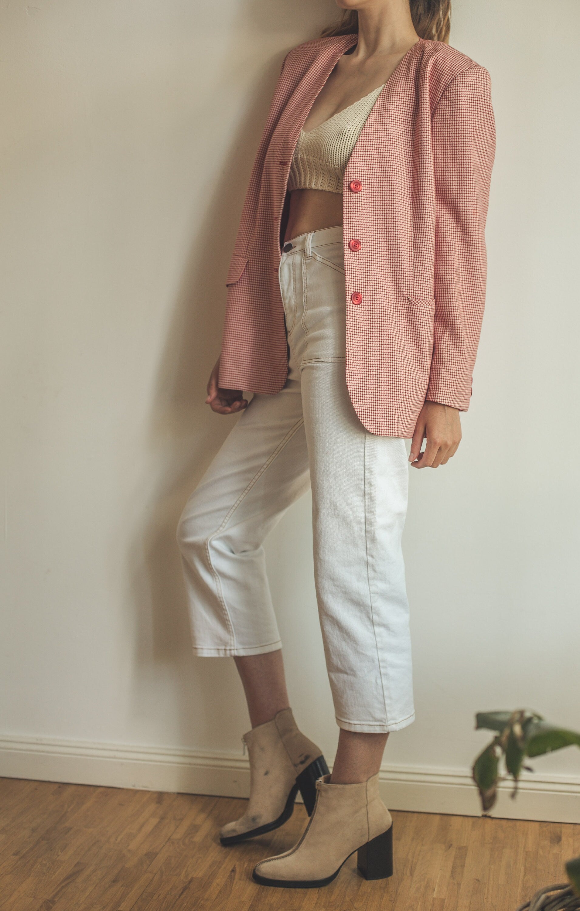 Vintage red gingham blazer, Oversized summer jacket, 1980s plaid blazer, XS-L