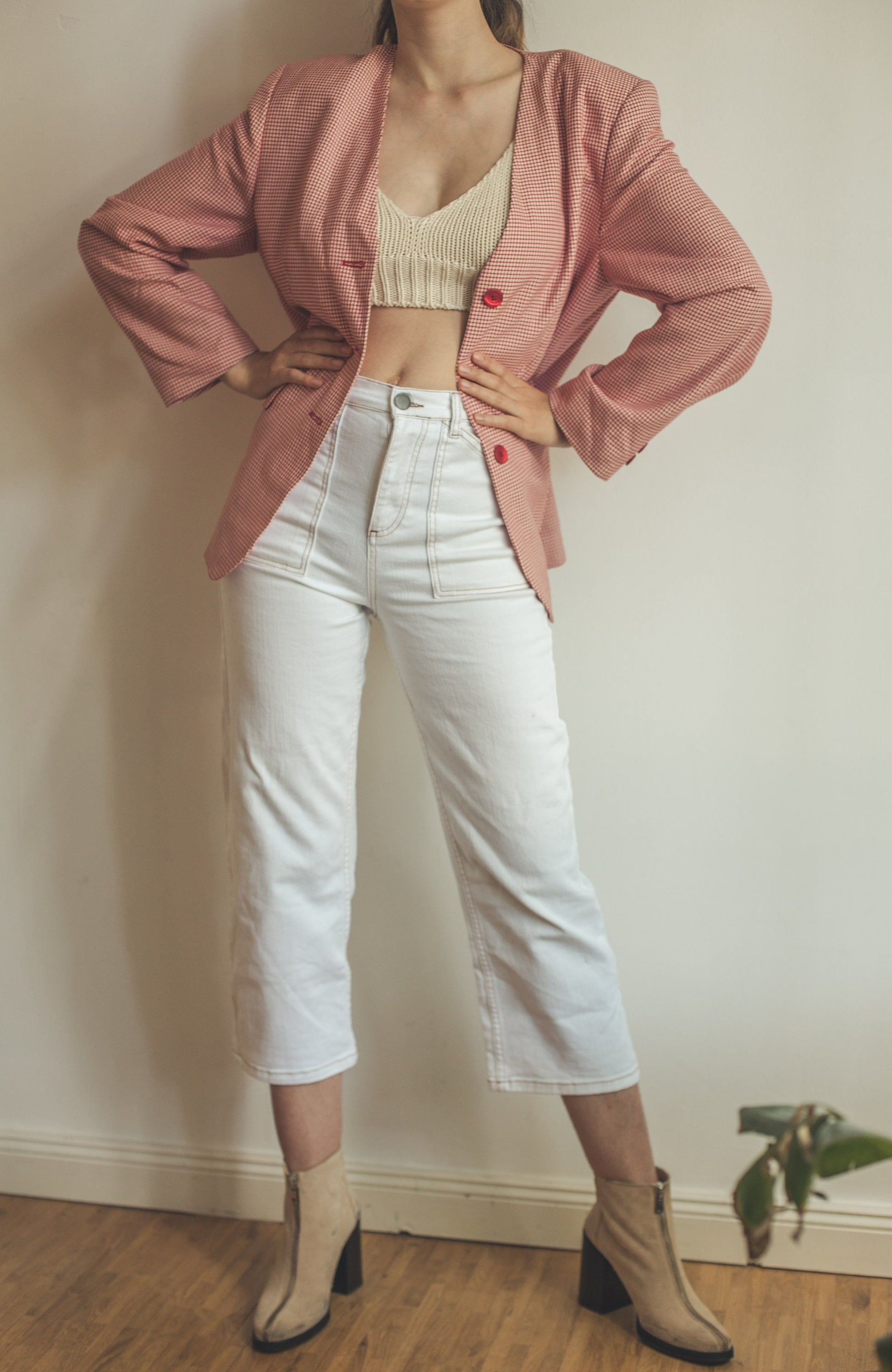 Vintage red gingham blazer, Oversized summer jacket, 1980s plaid blazer, XS-L