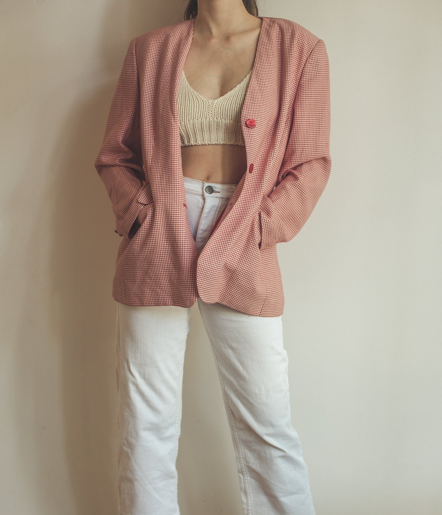 Vintage red gingham blazer, Oversized summer jacket, 1980s plaid blazer, XS-L