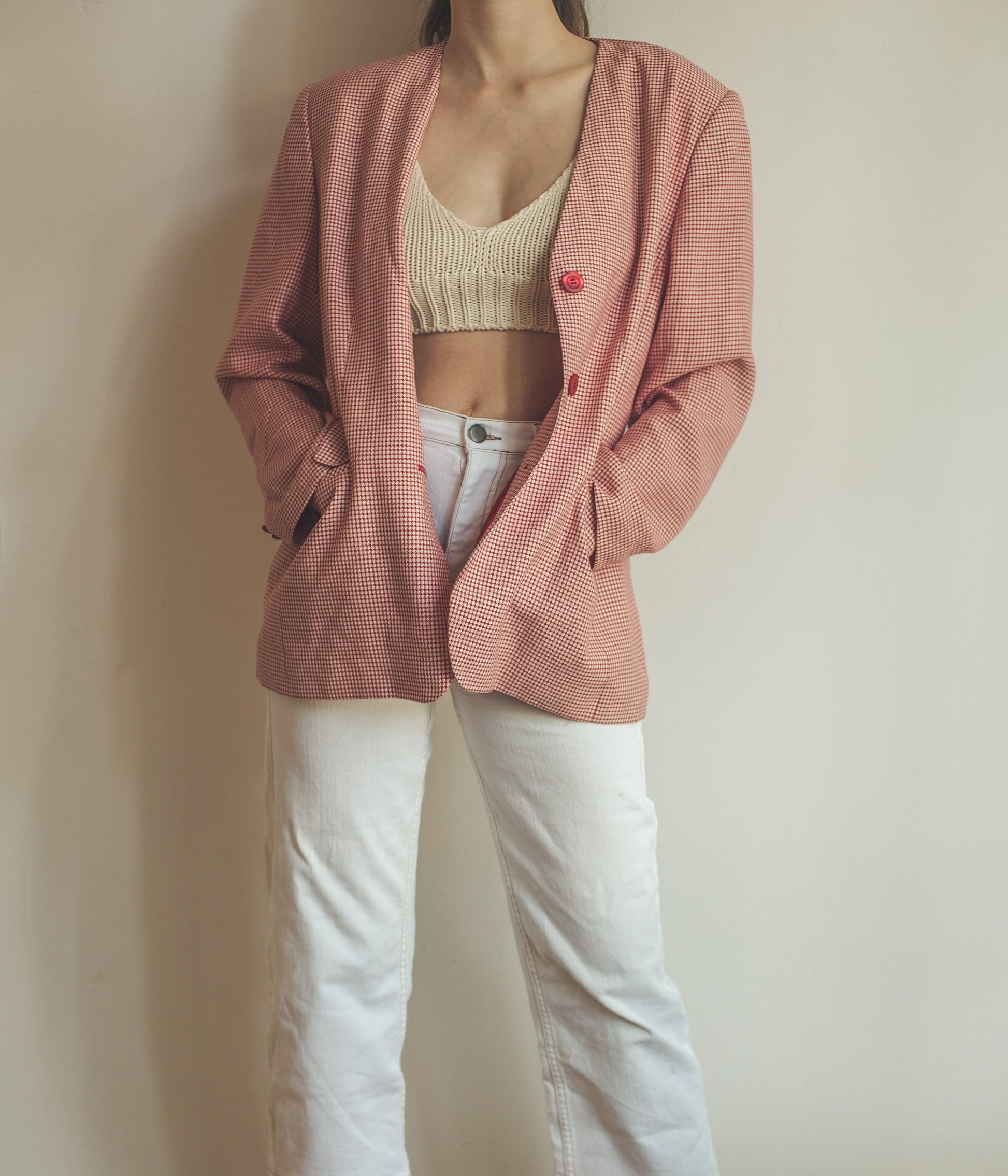 Vintage red gingham blazer, Oversized summer jacket, 1980s plaid blazer, XS-L