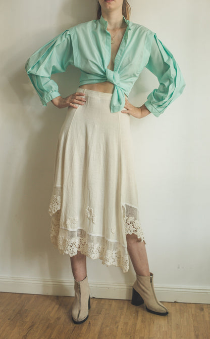 Vintage Turquoise Oversized Button Down Blouse — fabric close-up