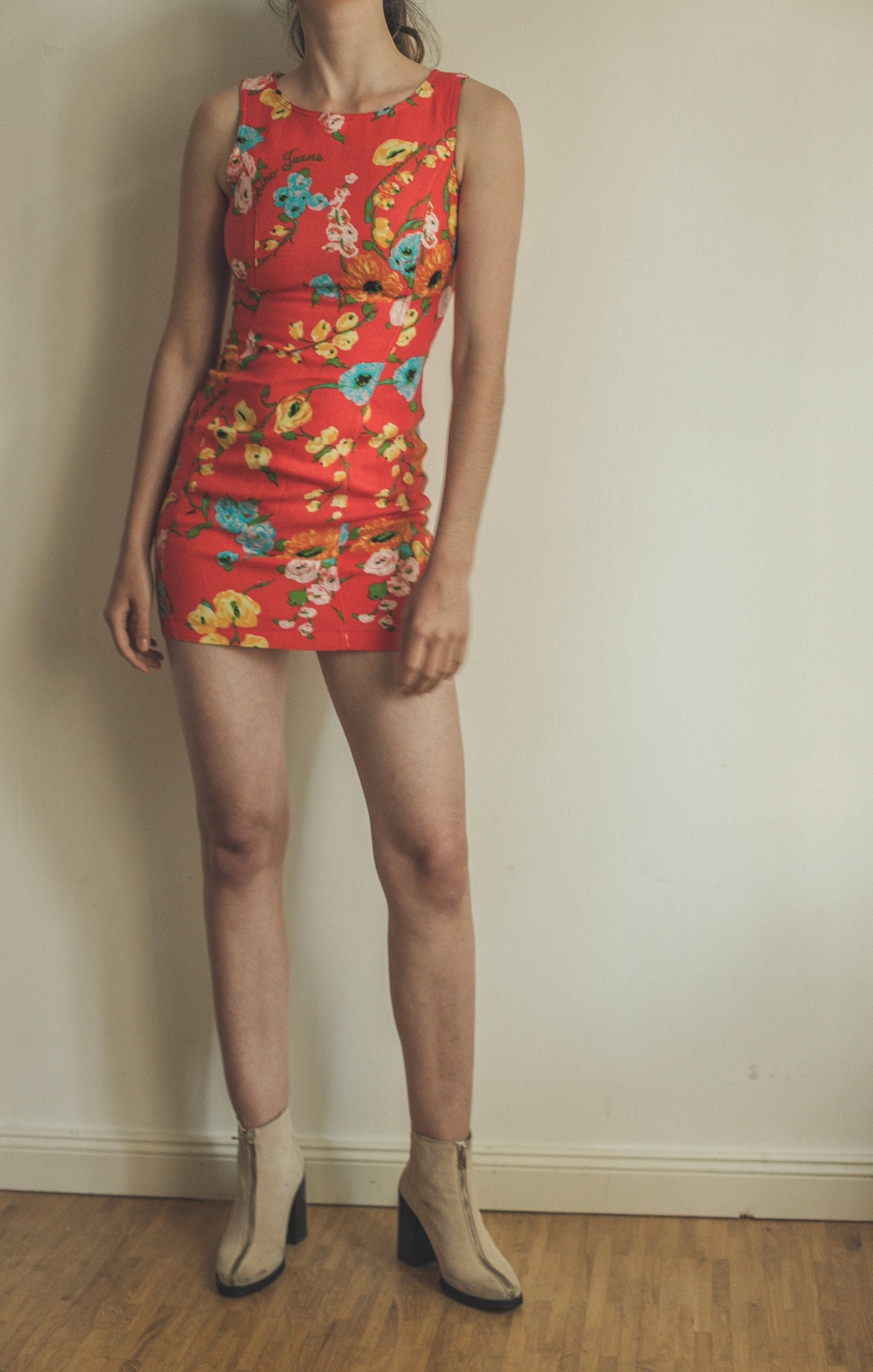 Moschino colourful floral pencil dress, Sexy tight mini dress, Orange short festive dress, Designer women clothing, Party outfit, M