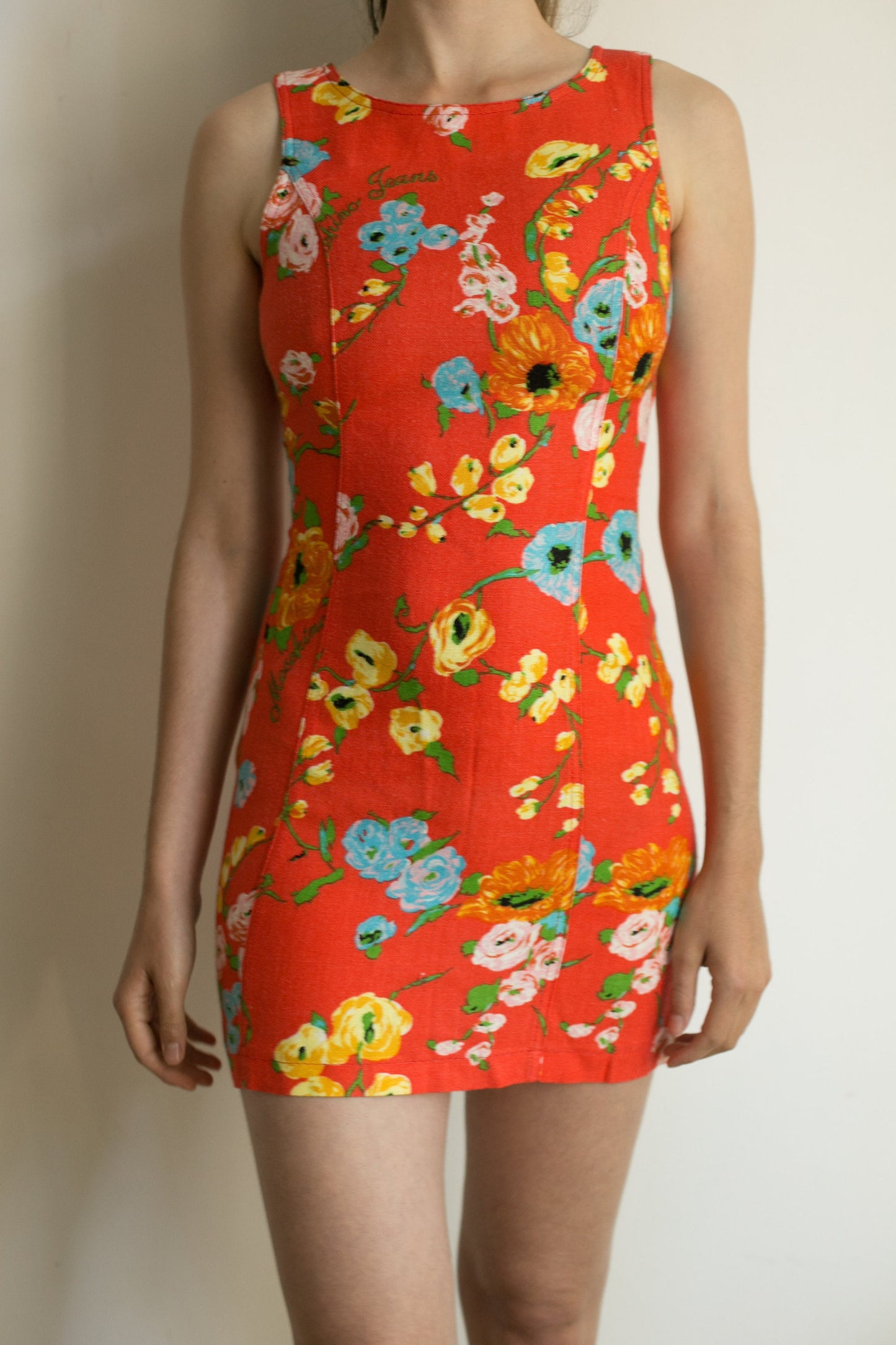 Moschino colourful floral pencil dress, Sexy tight mini dress, Orange short festive dress, Designer women clothing, Party outfit, M