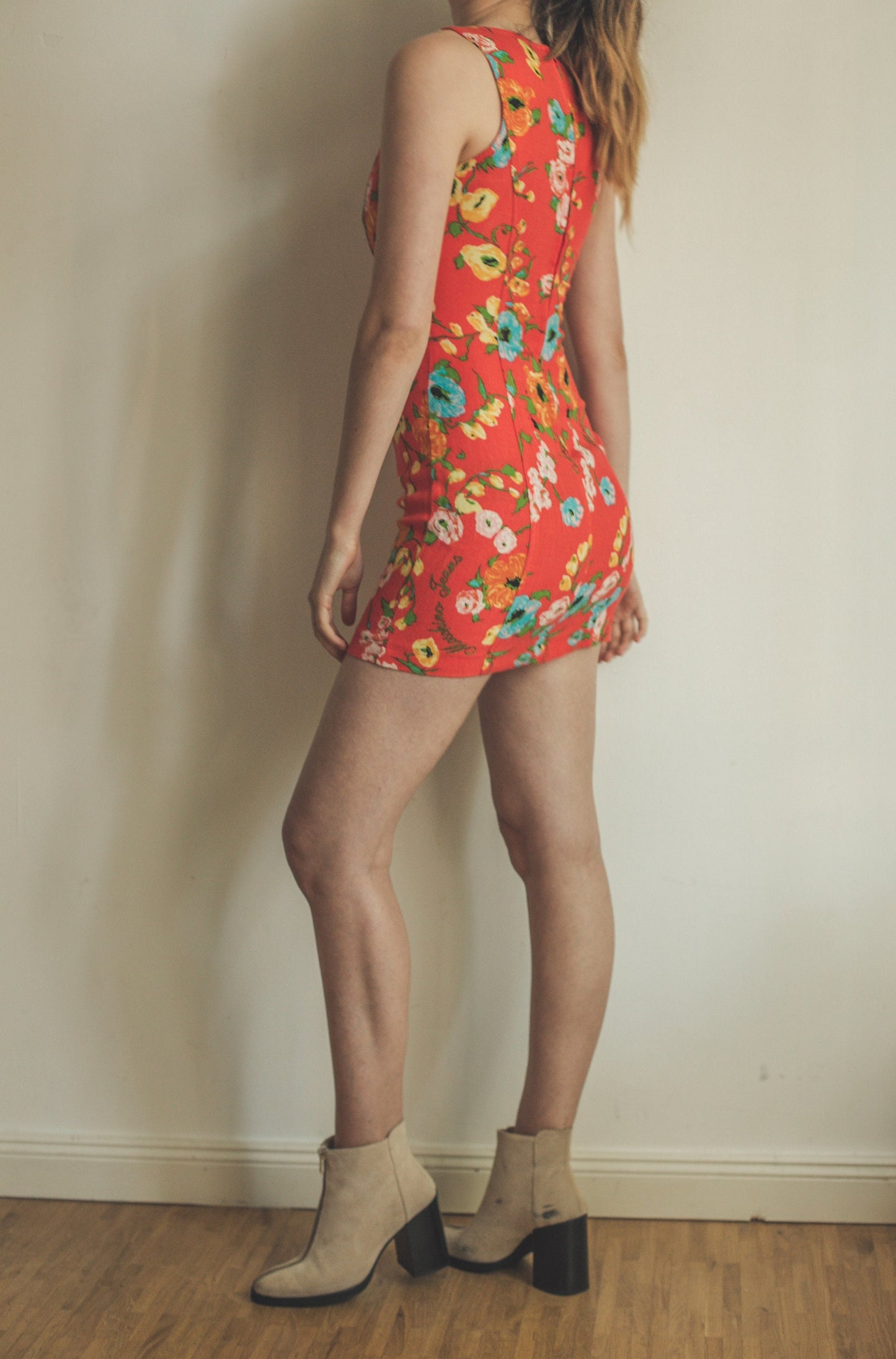 Moschino colourful floral pencil dress, Sexy tight mini dress, Orange short festive dress, Designer women clothing, Party outfit, M