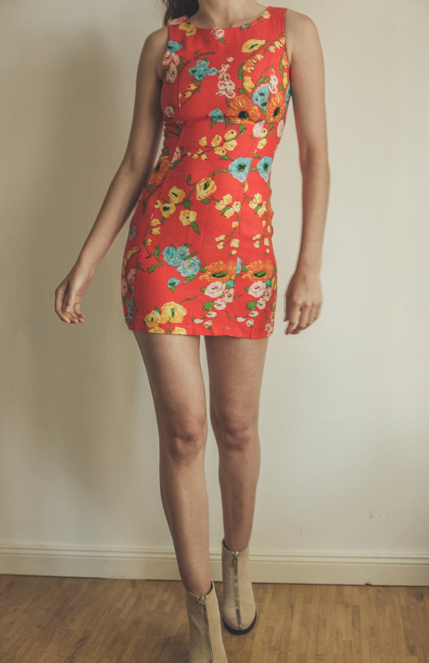 Moschino colourful floral pencil dress, Sexy tight mini dress, Orange short festive dress, Designer women clothing, Party outfit, M