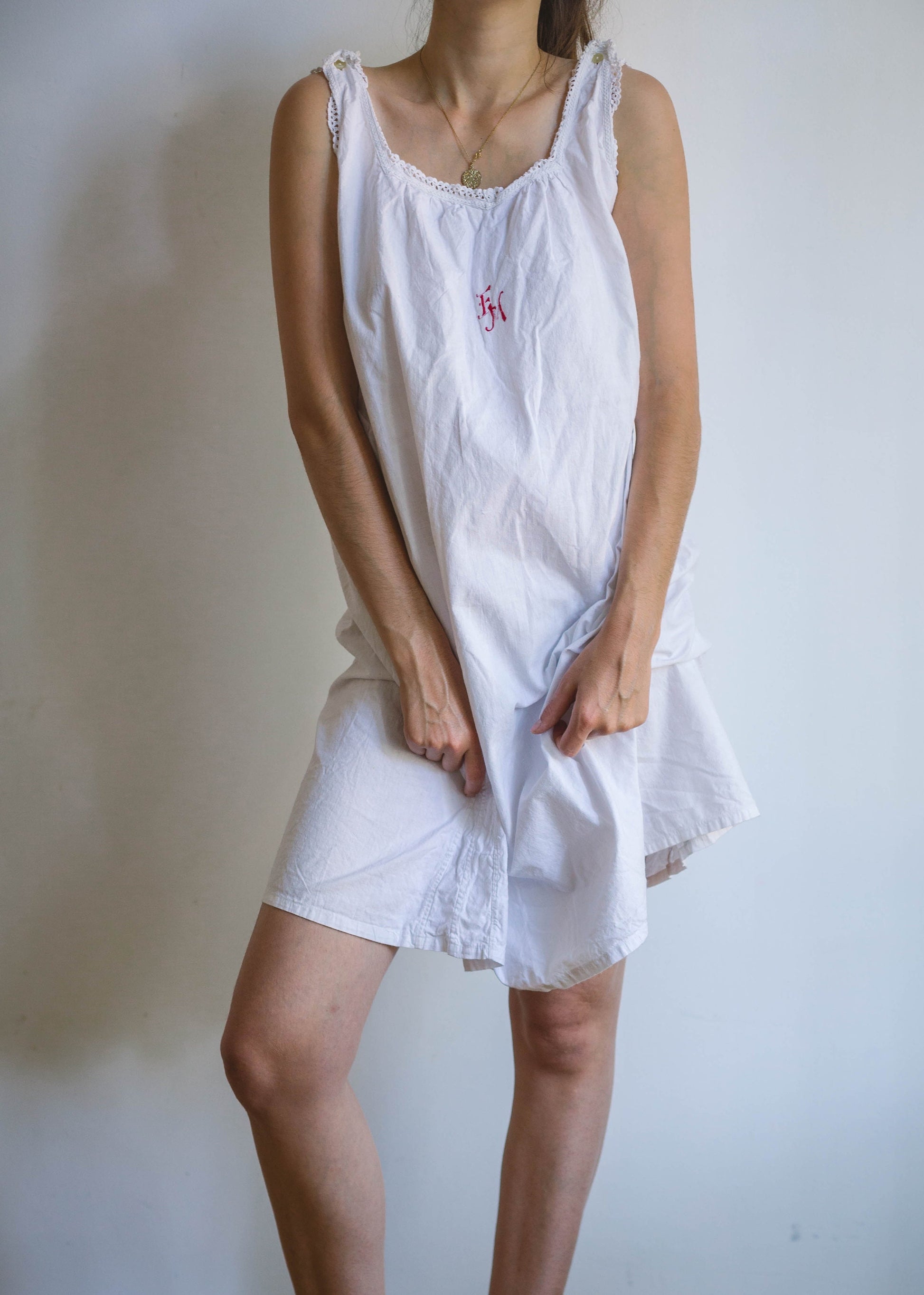 Vintage white cotton nightie, night gown, cottage core pyjamas, french antique nightgown