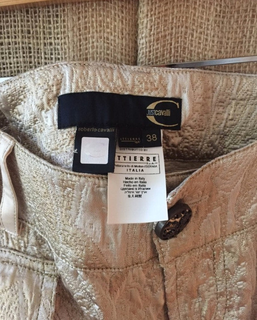 Roberto Cavalli Gold Brocade Mini Skirt – Vintage Y2K Designer Skirt Paris Hilton Style – Baroque Metallic Statement Piece – Italian Luxury