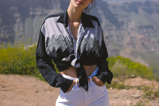 Vintage Black Blouse Large Andrés Garcia Western Cowboy Pattern Long Sleeve Oversized Street Style Gran Canaria