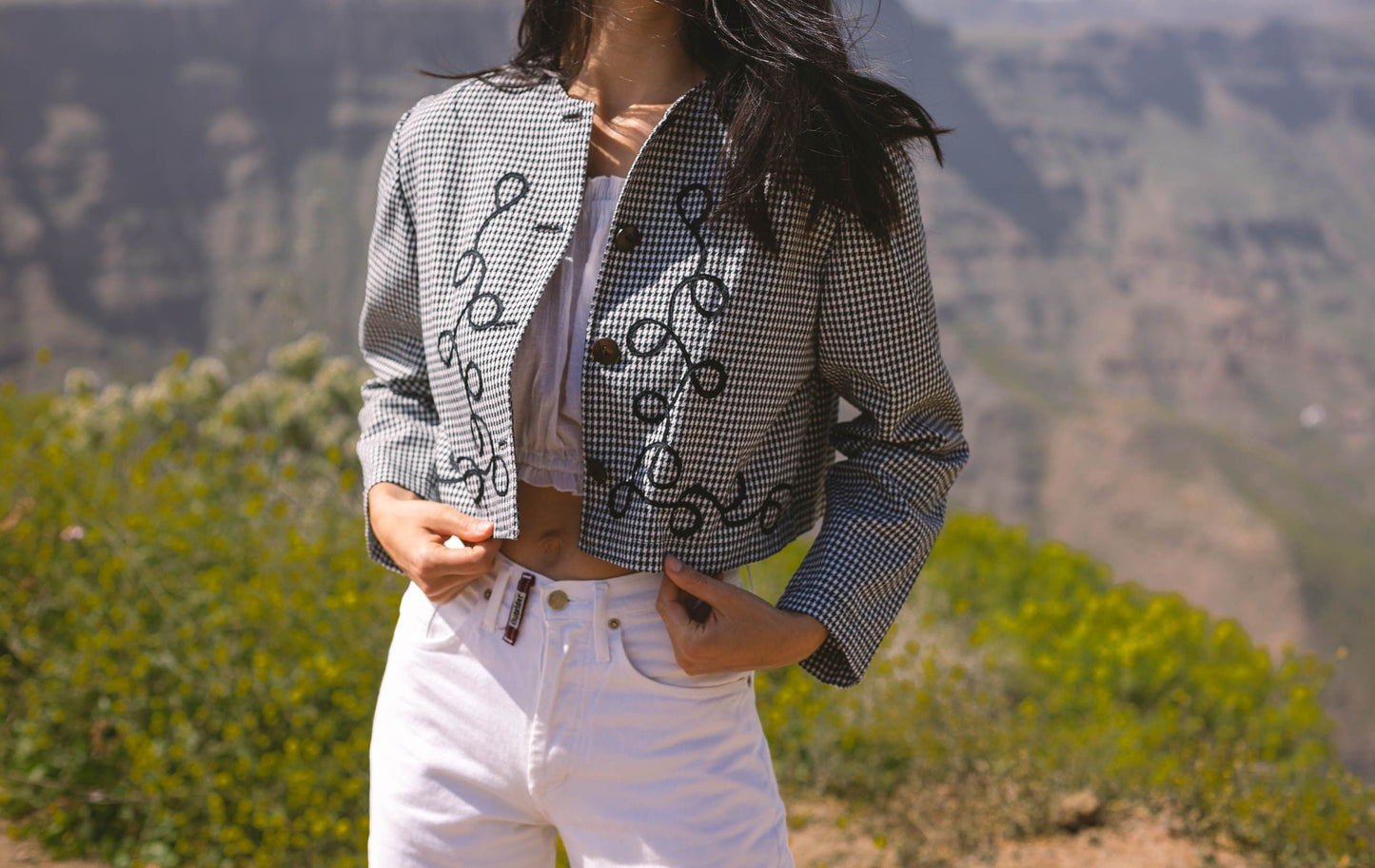 Cropped wool jacket with romantic embroidery, Cottage core vest, Light academia short blazer jacket