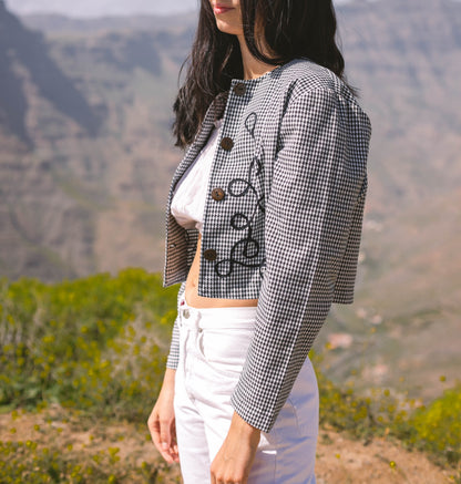 Embroidered Cropped Wool Blazer — fabric close-up